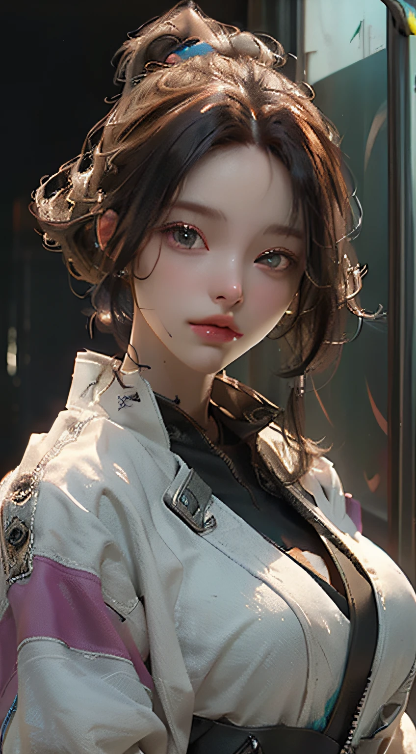 ((Best quality)), ((masterpiece)), (detailed:1.4), 3D, an image of a beautiful cyberpunk female,HDR (High Dynamic Range),Ray Tracing,NVIDIA RTX,Super-Resolution,Unreal 5,Subsurface scattering,PBR Texturing,Post-processing,Anisotropic Filtering,Depth-of-field,Maximum clarity and sharpness,Multi-layered textures,Albedo and Specular maps,Surface shading,Accurate simulation of light-material interaction,Perfect proportions,Octane Render,Two-tone lighting,Wide aperture,Low ISO,White balance,Rule of thirds,8K RAW,