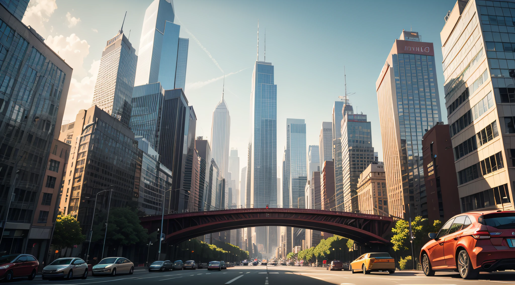A cityscape with tall buildings, bridges, and cars --auto