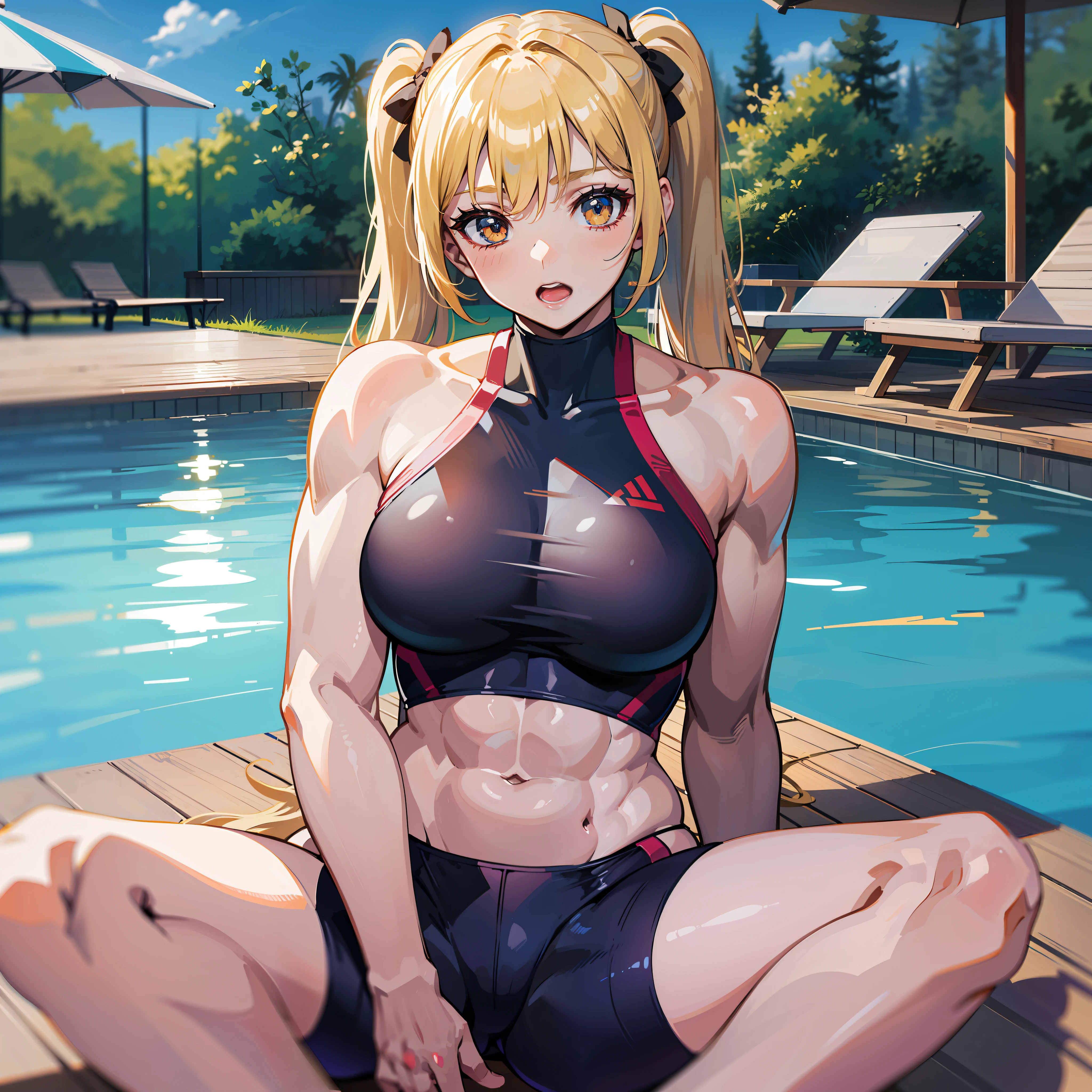 ((шедевр))、((Top image quality))、((Top image quality))、(Illustration of one woman)、Whole human body、((25years old))、((neuter))、((Blonde twintails))、Light golden eyes、((Tall))、((Muscular and strong body))、((Muscular and strong body))、((Split abs))、((muscular and thick arms))、((muscular and thick legs))、((Competitive swimsuit))、Sitting on a deck chair、in poolside