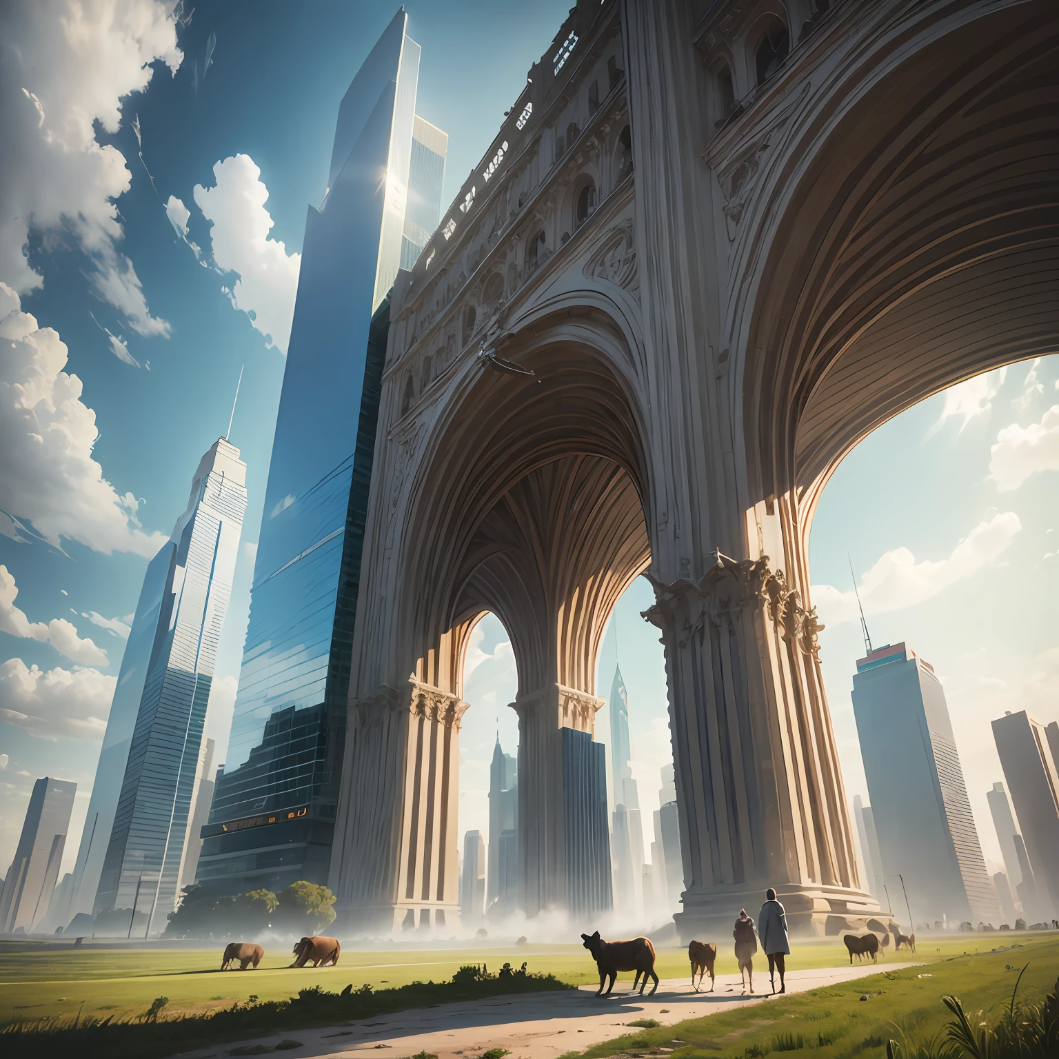 (masute piece) 8K resolution, with the highest quality, skyscrapers amidst prairie, lush nature, many animals,