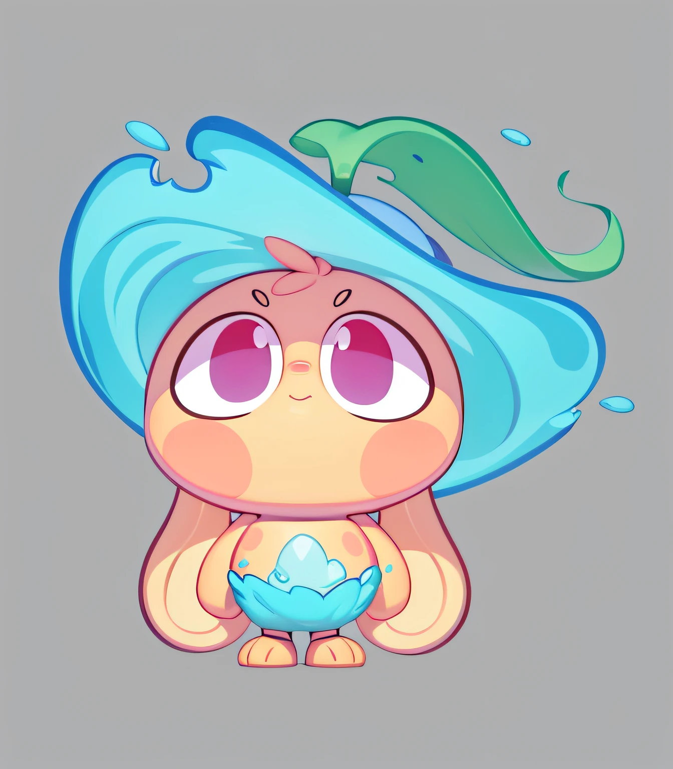 leafs，Water pants，Water hat，Cartoon Bunny，PopMart blind box IP，Front view，Water apricot leaves on the head，Stand naturally，Frontal whole body，Bubble Mart style，Clean and simple design，IP image，High-grade natural color scheme，Bright and harmonious，Lovely and colorful，behans，Haipai style，organic sculpting，C4D style，3D animation style design，Cartoony，Fun character design，raytrace，Children's book illustration style