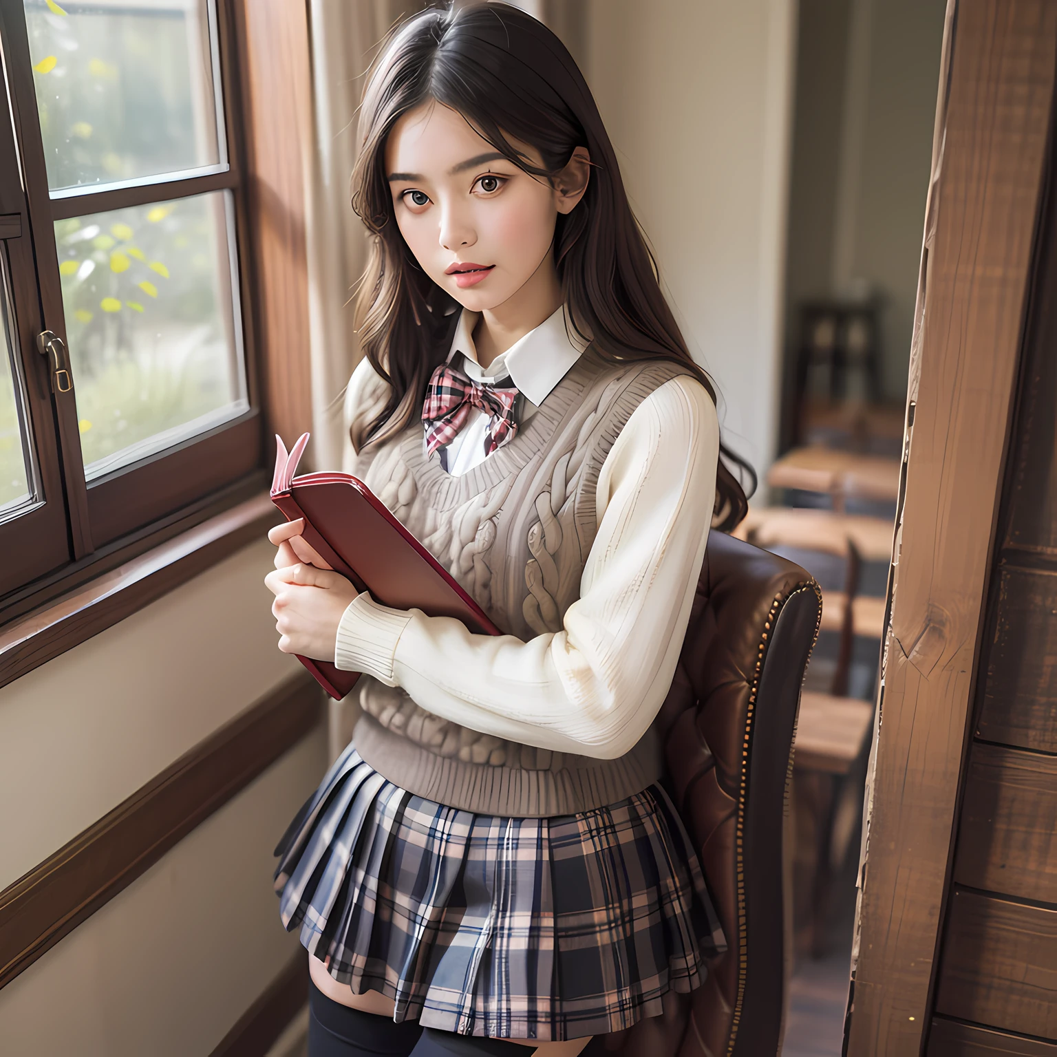 araffe woman in a skirt and sweater holding a book, a portrait inspired by Balthus, trending on cg society, renaissance, inspired in balthus, plaid tights, preppy style, thighhighs and skirt, storybook style, lookbook, dressed as schoolgirl, tweed colour scheme, magazine photo, holding books, holding a book, victorian inspired clothing, cosy