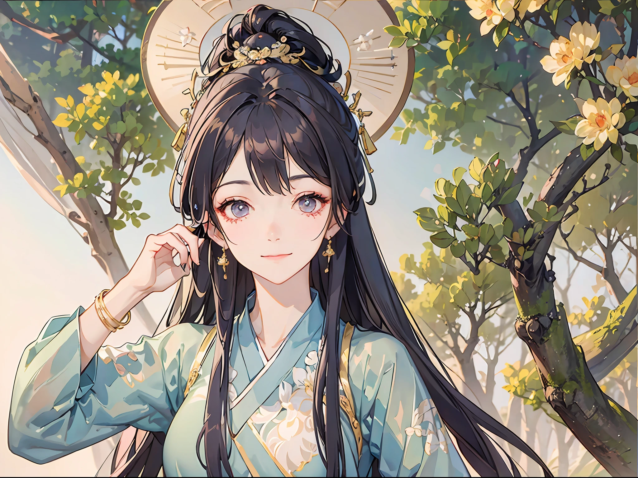 Best Quority,a masterpiece of,superhighresolution,1girl huge large breasts,((Black coiled hair)),Golden delicate eyes,Frontal photo,a closeup,Hanfu,Light basket white plain,Covered with a layer of white light tulle,He wears a gold coat on his head,Wear long earrings on your ears,There is a bracelet on the wrist,Sit in a chair,She has a beautiful face,The brow curve is slender,The eyes are bright and gentle。Smiling,Scenes:Inside the ancient Chinese imperial palace,
