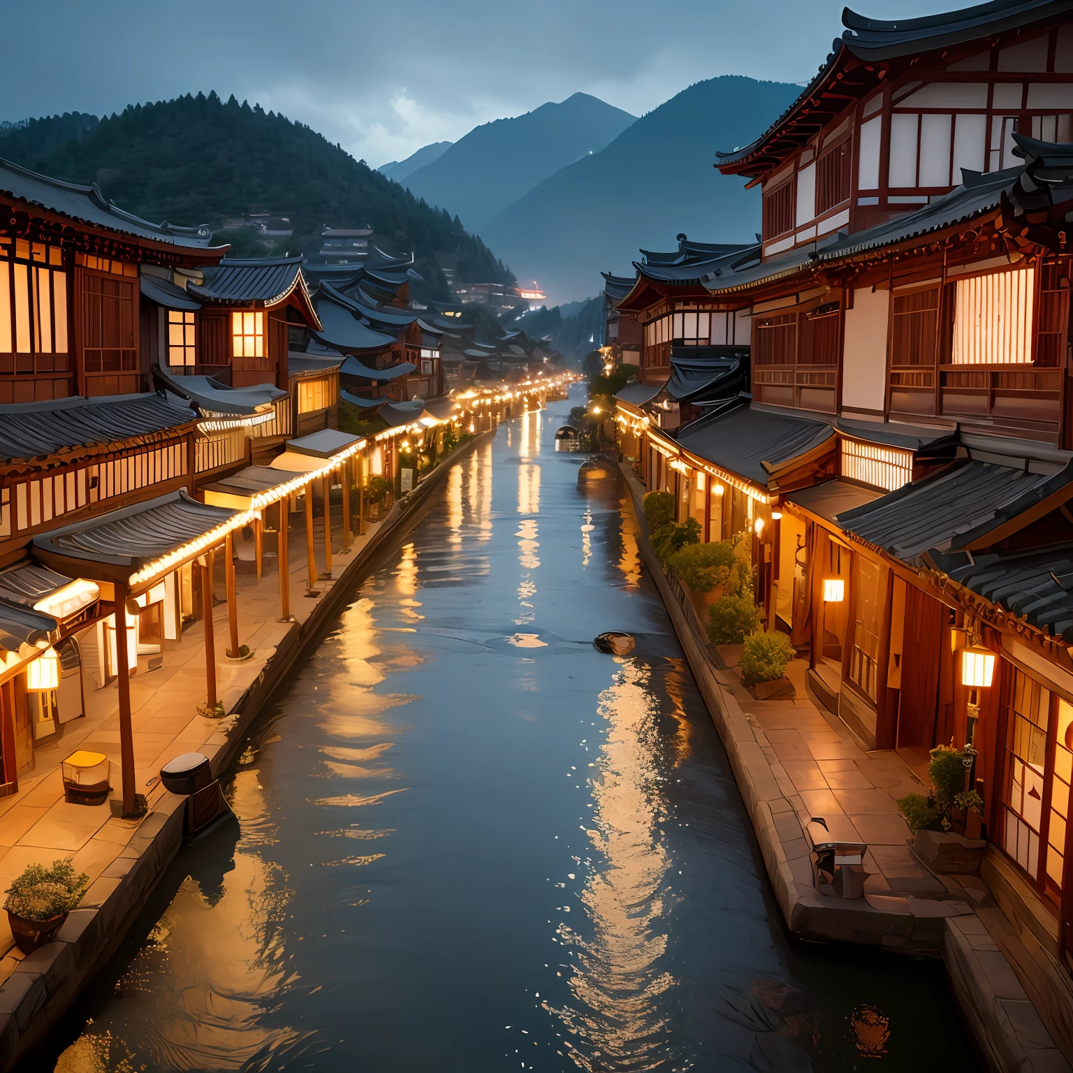 arafed view of a village with a lot of lights on the buildings, dreamy chinese town, chinese village, amazing wallpaper, japanese town, japanese village, hyper realistic photo of a town, old asian village, japanese city, by Raymond Han, rainy evening, cyberpunk chinese ancient castle, beautifully lit buildings, at evening during rain, beautiful and aesthetic, photography, cinematic, 8k, high detailed ((Heavy rain))) --auto