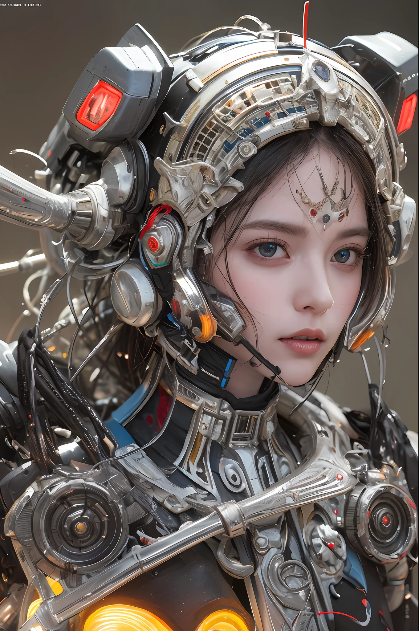 Top Quality, Masterpiece, Ultra High Resolution, (Photorealistic: 1.4), Raw Photo, 1 cyberpunk Girl, Black Hair, Glossy Skin, 1 Mechanical Girl, (Ultra Realistic Detail)), Full body, Global Illumination, Contrast, Shadows, Octane Rendering, 8K, Ultra Sharp, Cleavage Exposed, Raw Skin, Metal, Intricate Ornament Details, Japan Details, Very intricate details, realistic light, CGSoation trend, facing the camera, neon details, mechanical limbs, blood vessels connected to the tube, mechanical vertebrae attached to the back, mechanical cervical attachment to the neck, wires and cables connecting to the head, gundam, small LED lamps.