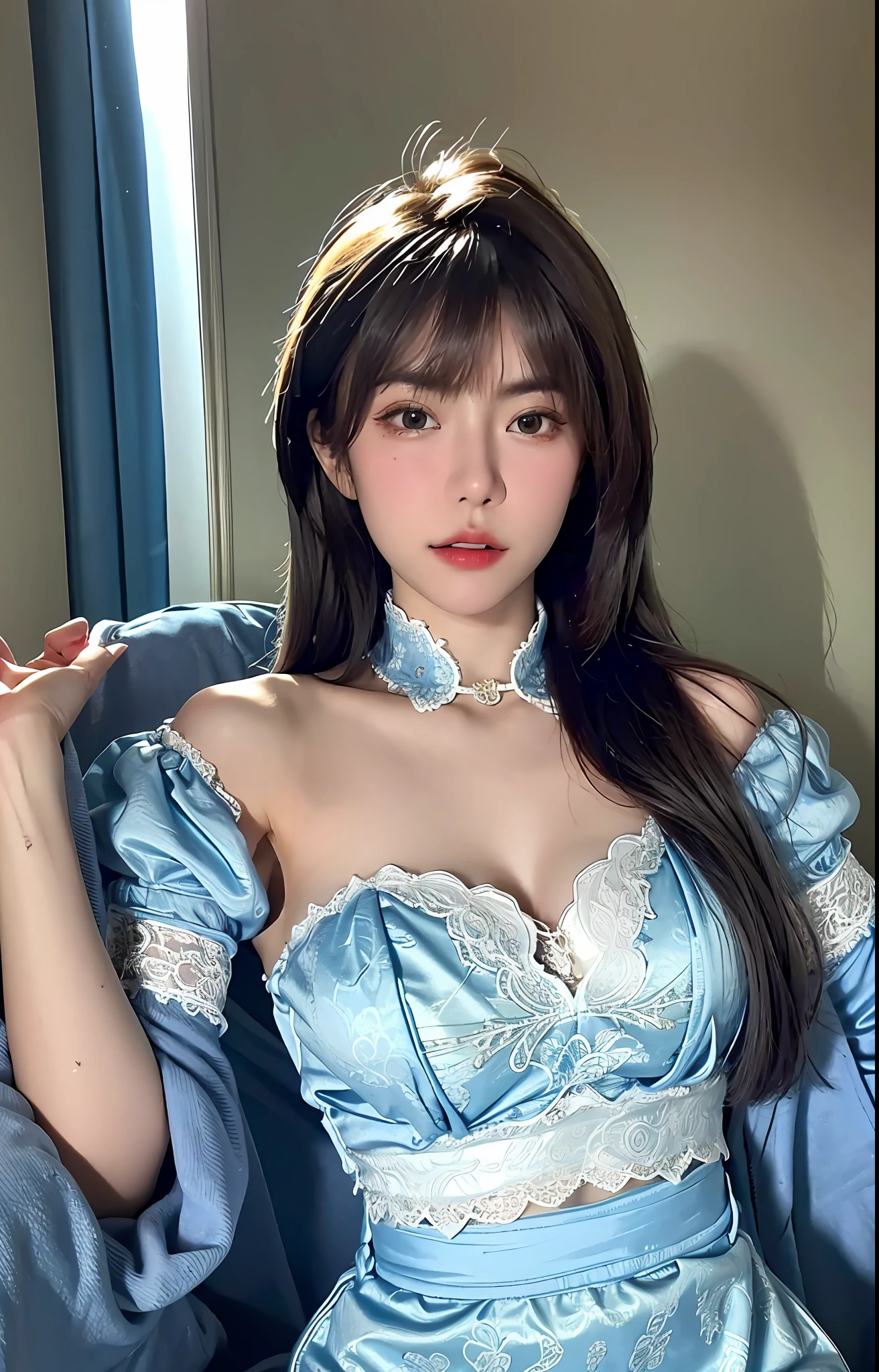 beste-Qualit、шедевр、Super-High Resolution、(photo- realistic:1.4)、Raw photo、1girl in、((Blue Lace China Clothing))、((tiny chest))、Cold light