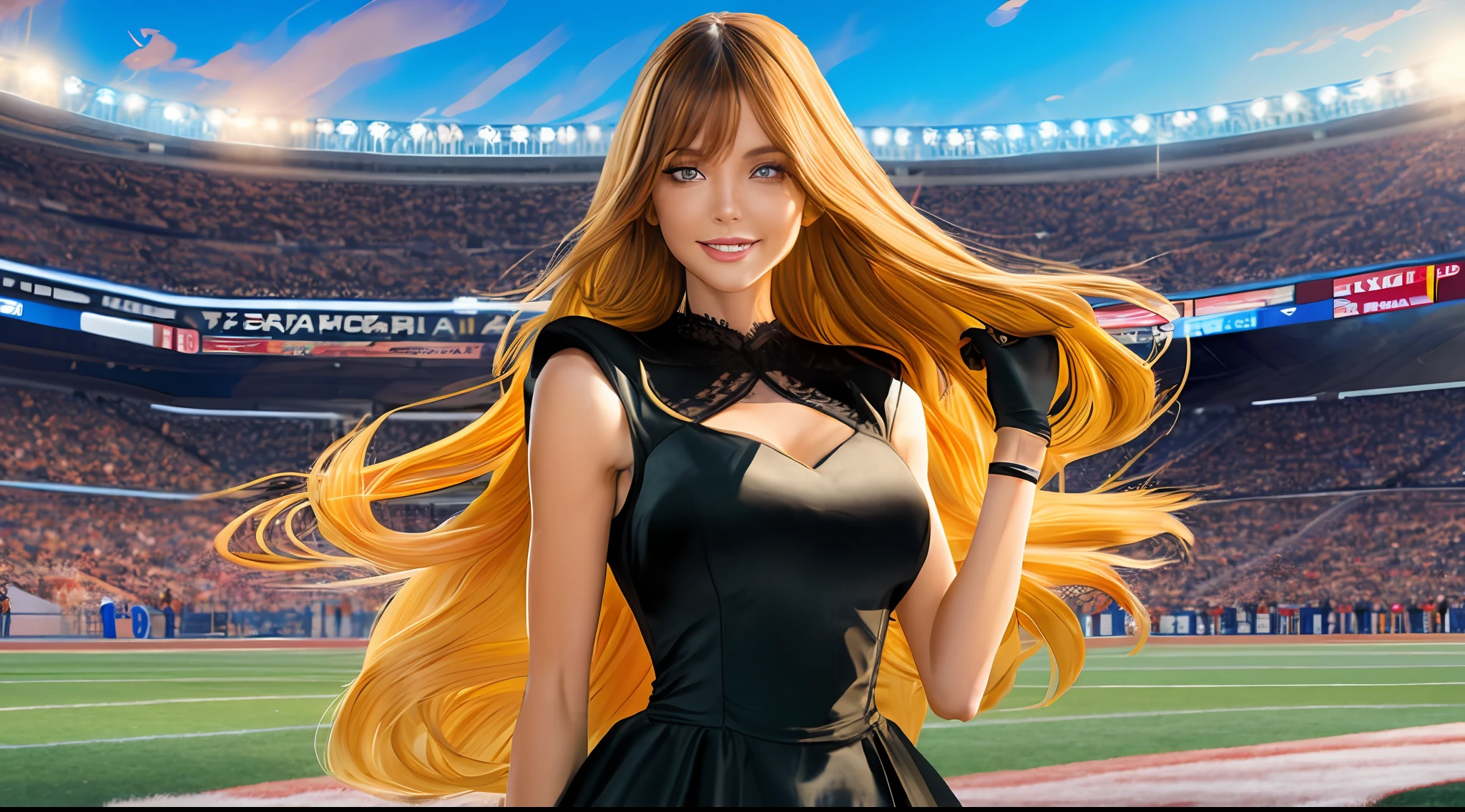 A beautiful woman in a black dress，Long hair，golden hair，Wear sexy black silk，Play football on the football field，The background is a football field