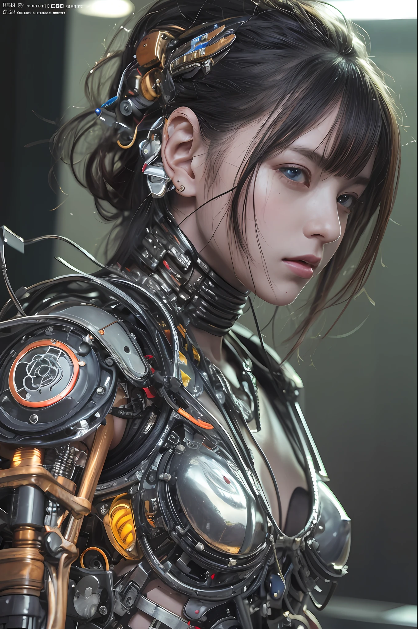 Top Quality, Masterpiece, Ultra High Resolution, (Photorealistic: 1.4), Raw Photo, 1 cyberpunk Girl, Black Hair, Glossy Skin, 1 Mechanical Girl, (Ultra Realistic Detail)), Full body, Global Illumination, Contrast, Shadows, Octane Rendering, 8K, Ultra Sharp, Cleavage Exposed, Raw Skin, Metal, Intricate Ornament Details, Japan Details, Very intricate details, realistic light, CGSoation trend, facing the camera, neon details, mechanical limbs, blood vessels connected to the tube, mechanical vertebrae attached to the back, mechanical cervical attachment to the neck, wires and cables connecting to the head, gundam, small LED lamps.