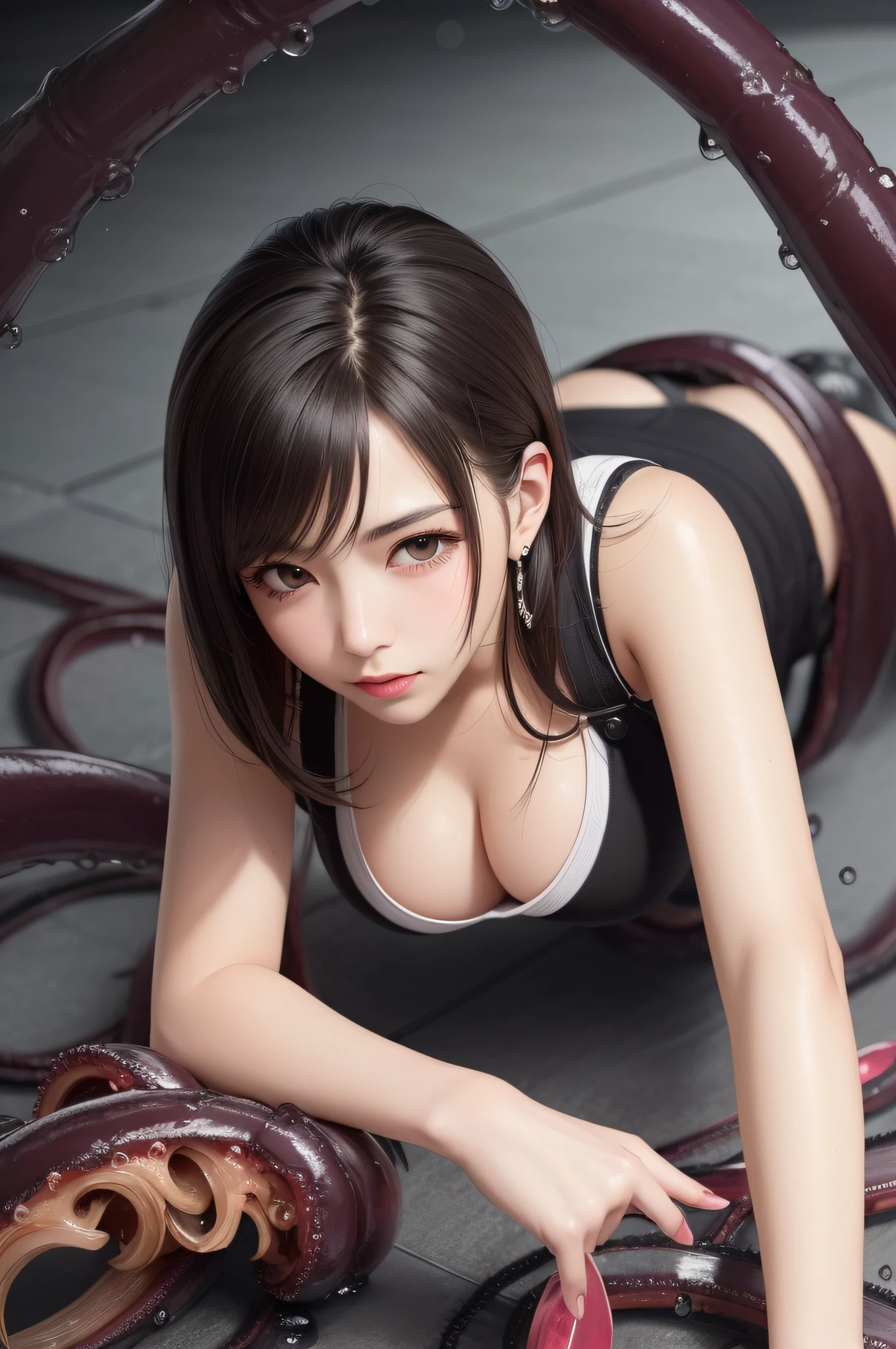 nsfw,(Top Quality, 4k, Masterpiece: 1.1), (Real: 1.4), BREAK (((FF7)))(((Tifa))),((5 monsters:1.5))(1Girl:1.2),with 5 monsters,(((BDSM:1.2))),(full body:1.2)(from side:1.2)(all fours:1.2),(A dark, barely lit torture chamber:1.3), BREAK (((FF7)))(((Tifa))),((Light Brown Hair, Large breasts: 1.2)),clothed BREAK (((FF7)))(((Tifa))),((Surrounded by tentacles:1.5, humiliated by black tentacles:1.4)), (Tied With tentacles All Over Her Body :1.4), BREAK (white collared shirt:1.2), (No Bra) (No Panties) (Small and beautiful hard nipple), clothed,(shiny oiled skin: 1.4), wet hair, about 18 years old,sensual, BREAK ((stringy viscous liquid)), BREAK ,(POV:1.3), BREAK ( with 5 monsters),(Include tentacles in mouth:1.1),be violated