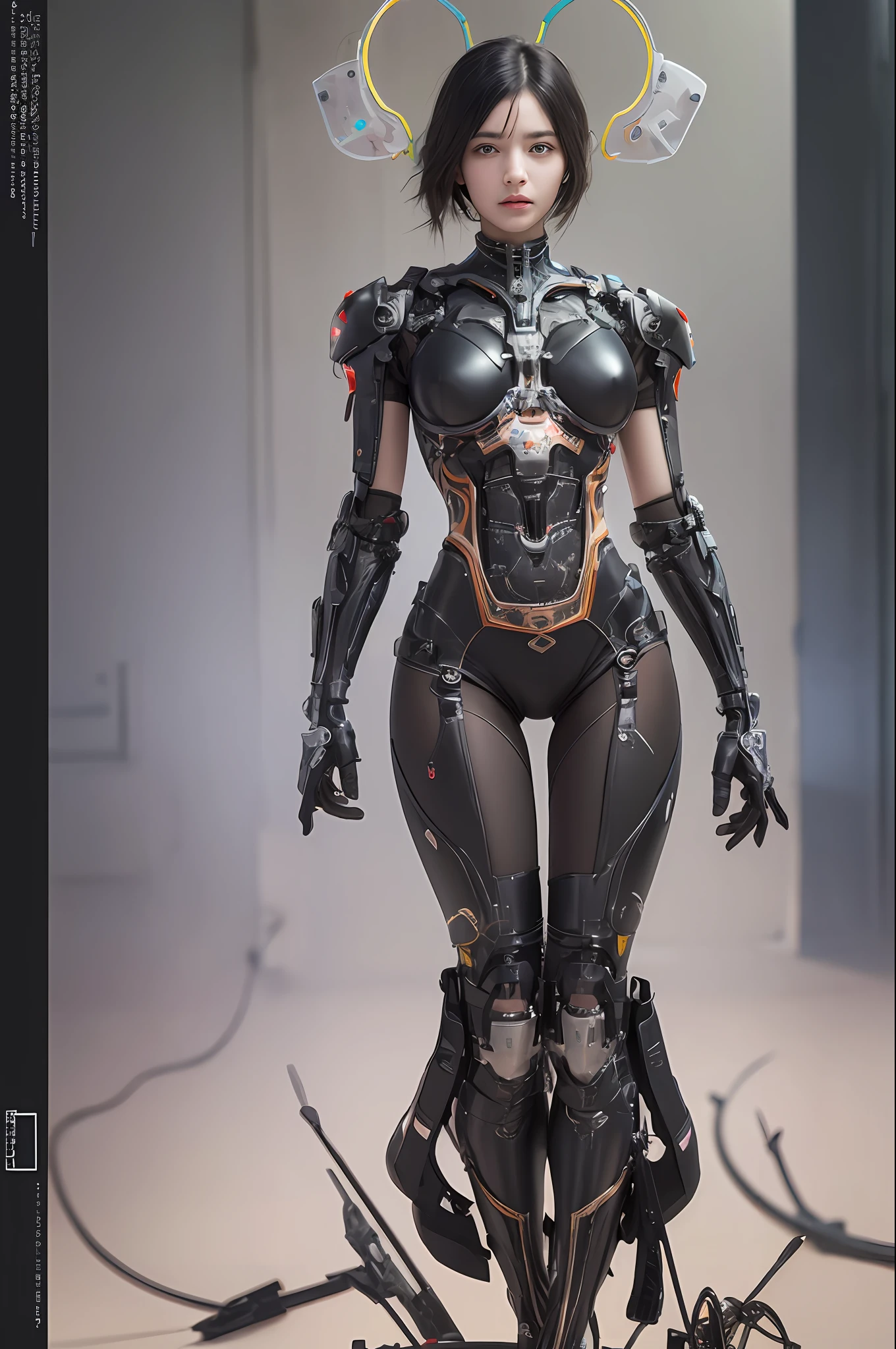 Top Quality, Masterpiece, Ultra High Resolution, (Photorealistic: 1.4), Raw Photo, 1 cyberpunk Girl, Black Hair, Glossy Skin, 1 Mechanical Girl, (Ultra Realistic Detail)), Full body, Global Illumination, Contrast, Shadows, Octane Rendering, 8K, Ultra Sharp, Cleavage Exposed, Raw Skin, Metal, Intricate Ornament Details, Japan Details, Very intricate details, realistic light, CGSoation trend, facing the camera, neon details, mechanical limbs, blood vessels connected to the tube, mechanical vertebrae attached to the back, mechanical cervical attachment to the neck, wires and cables connecting to the head, gundam, small LED lamps.