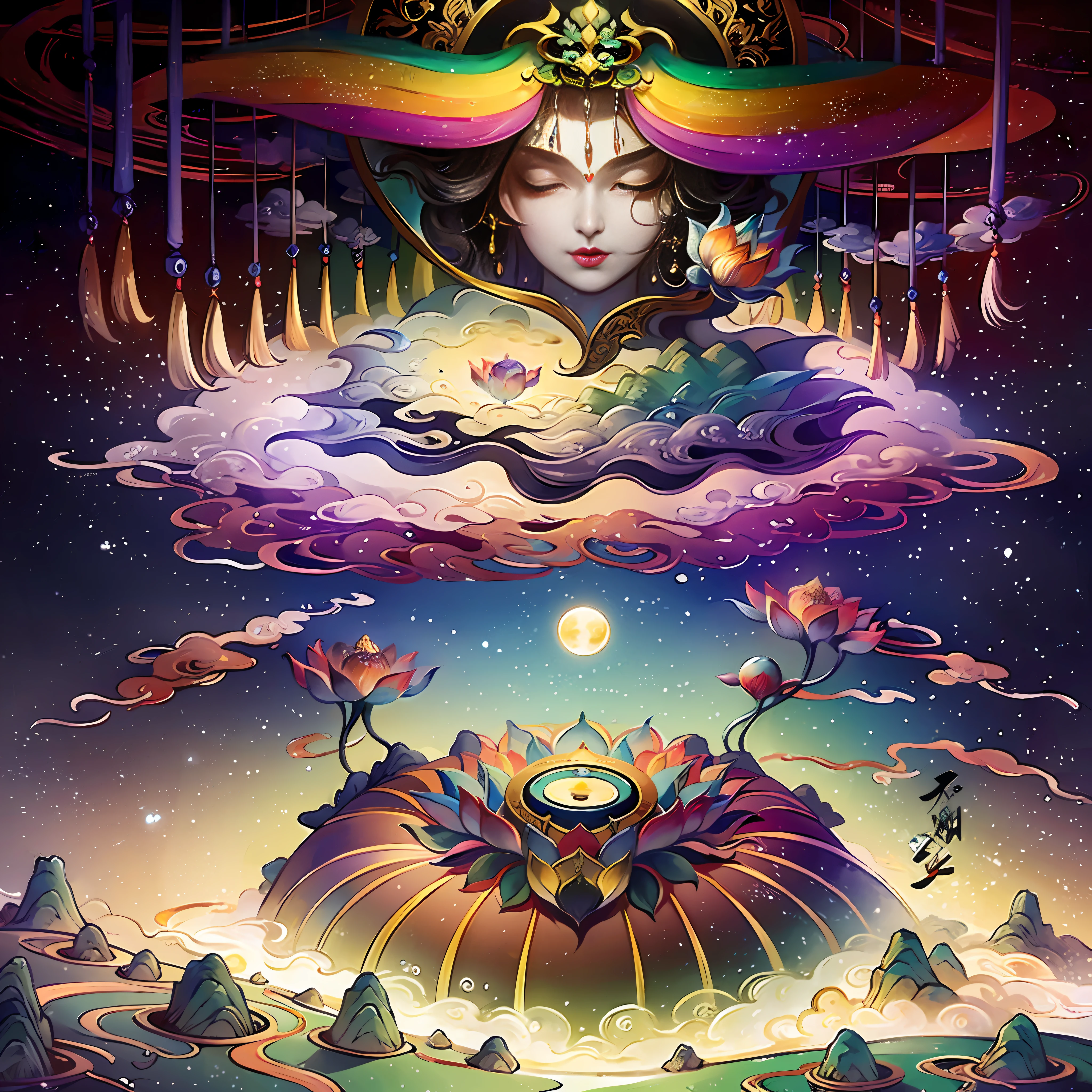An ancient Chinese painting, ancient Chinese background, mountains, rivers, auspicious clouds, pavilions, sunshine,(psychedelic details),(mushrooms),(lotus),(yin and yang),(rainbow),(trippy),(DMT),(beautiful face),(pique emotion),(Buddha),(seductive),(seductive breast),(sexy hot body),(naughty),intricate details, more details, high details,masterpieces, super detail, epic composition, ultra HD, high quality, extremely detailed, official art, unified 8k wallpaper, Super detail, 32k