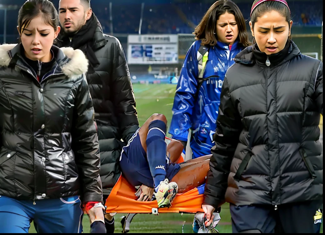 a soccer scene in a sports stadium, cool and wet weather conditions, humide ground, rainy sky, injury scene in a sports stadium, stretcher carry, there are four female medics carrying a stretcher, there are four female medics in very shiny coats who are carrying a stretcher in a sports stadium, there is a wounded male soccer player in a matte short cotton sports outfit lying on the stretcher, an injured male soccer player in matte cotton sportswear is lying in pain on a stretcher, a soccer player in matte cotton sports clothes is rearing up in intense pain while lying on a stretcher, dramatic scene, theatralic posing scene, dramatic pity scene, injury soccer, first aid, help, pity, there are four female medics in wetlook high-shine coats who are looking very sad and very terrified and very shocked, the injured soccer player is screaming out in pain while he is carried from the pitch on a stetcher