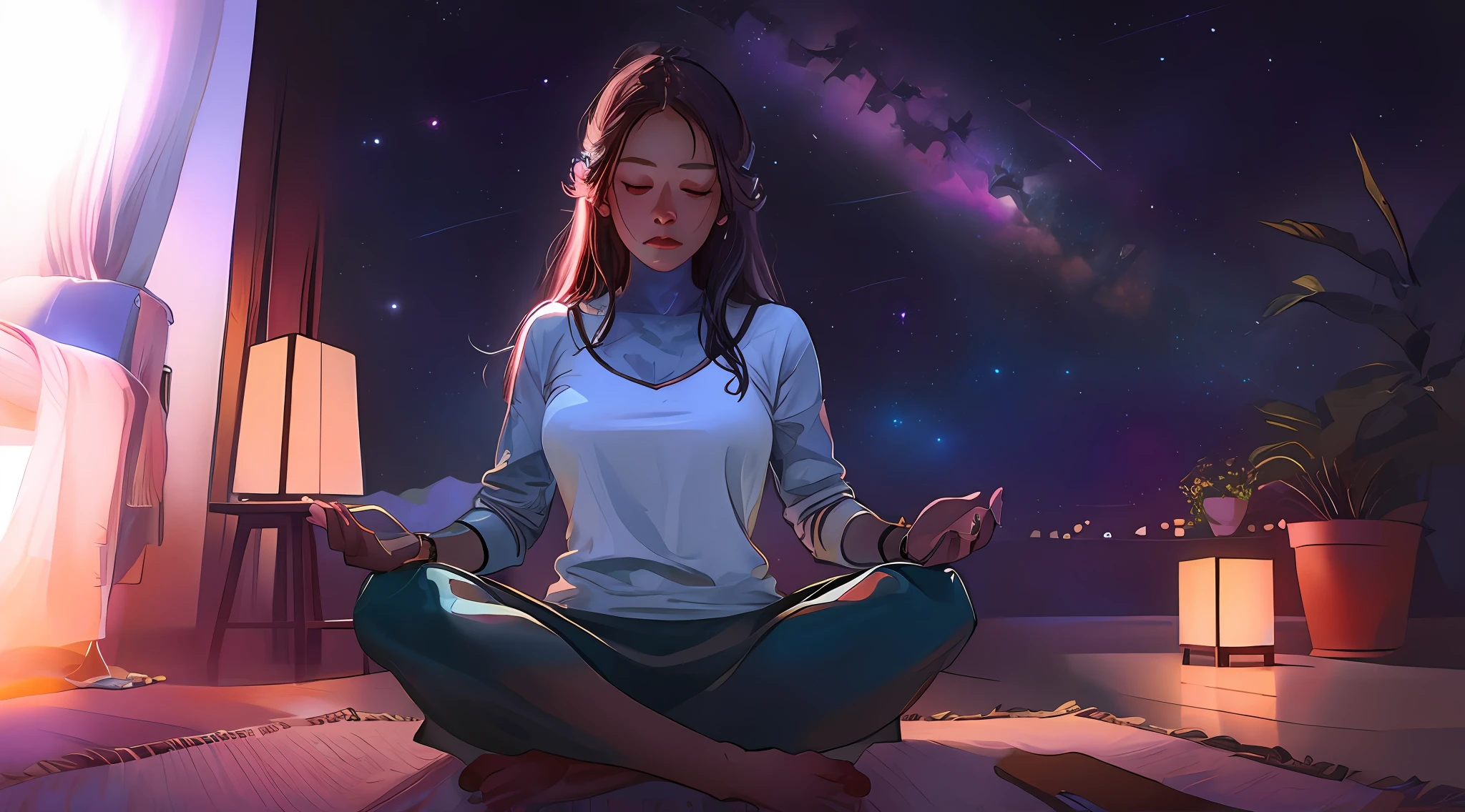 woman sitting in a lotus position with her eyes closed and eyes closed, elven spirit meditating in space, Meditando, meditating pose, zen méditation cyberpunk, meditation pose, powerful woman sitting in space, Meditating in lotus position, lotus pose, meditation, yoga meditation pose, noite calma. digital illustation, elven angel meditating in space, cosmic enlightenment