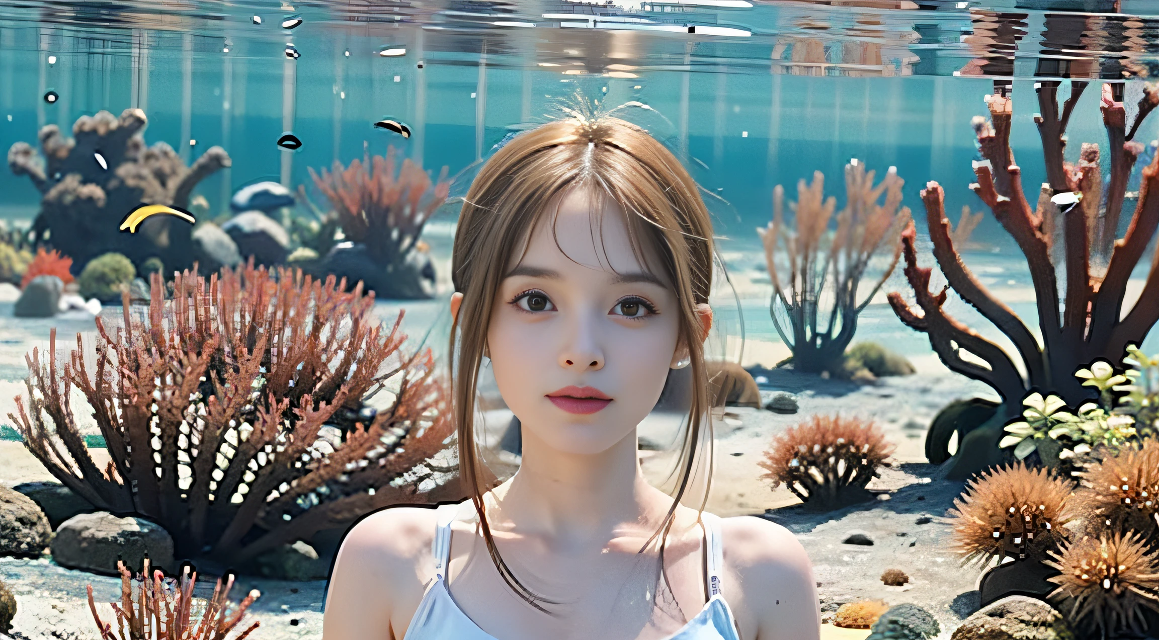 (a masterpiece of),Awesome,superhighresolution,1girl huge large breasts,Underwater,ocean floor,Reef fish and vines abound,(mermaids)The girl stares at you,sparkle in eyes,A clear underwater world,Clear water,See the face and the whole body clearly,A transparent underwater world