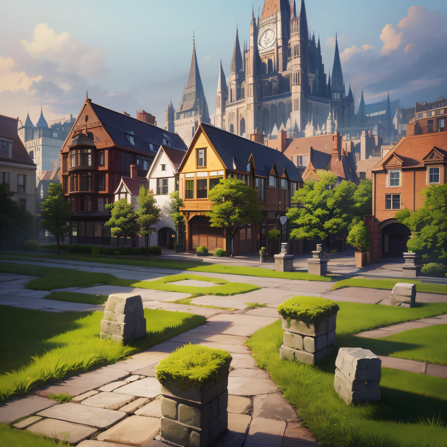 size 300x600, 3 tiers of cobblestones, mossy stone, Baby cat, Fluffy bristles, a backdrop of: Buildings