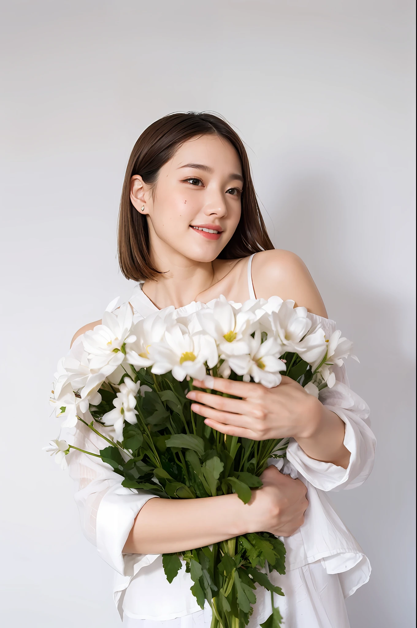 ((masterpiece, top quality, high definition)), 1 girl, (photorealistic: 1.4), solo, white background, snow-white background, mouth closed, happy smile, happy smile, pretty black hair, short hair, big eyes, clear double eyelids, eyelashes, ears out, long neck, long neck, absolute area, ((face close-up)), (drawing all head, shoulders), 19 years old, Attractive proportions, shiny skin, clean collarbone, golden ratio face, perfect face, teardrop mole, mole on chest, bangs, clean bangs, lip gloss, thin lips, pale skin, naked, big breasts, small face, small face, draw all head, draw all shoulders