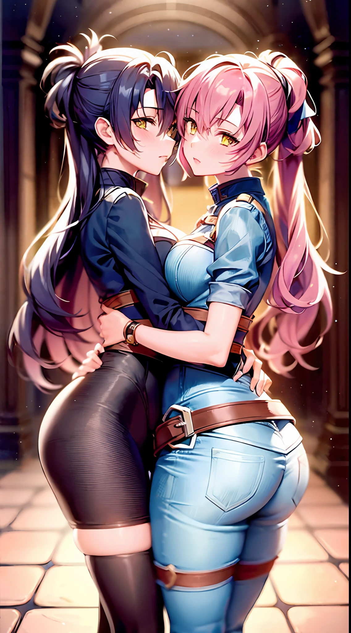 2 girls kissing and hugging, they are Fie Claussell and Sara Valestein (From Cold Steel Trails 4), Masterpiece, best quality, 8k, Fogo afiado, profundidade de campo, melhores sombras, luzes perfeitas, HDR, textura de pele realista, fundo hiper detalhado, em uma sala de guilda de bracers, Yuri Arte, Arte Ecchi, amor, Beautiful, anatomia perfeita, perfect body proportions, perfect hands with 5 fingers, olhos super fofos, olhos perfeitos, Fie claussell tem cabelos brancos, Sara Valestein tem cabelo rosa avermelhado, romantic moment, Corar