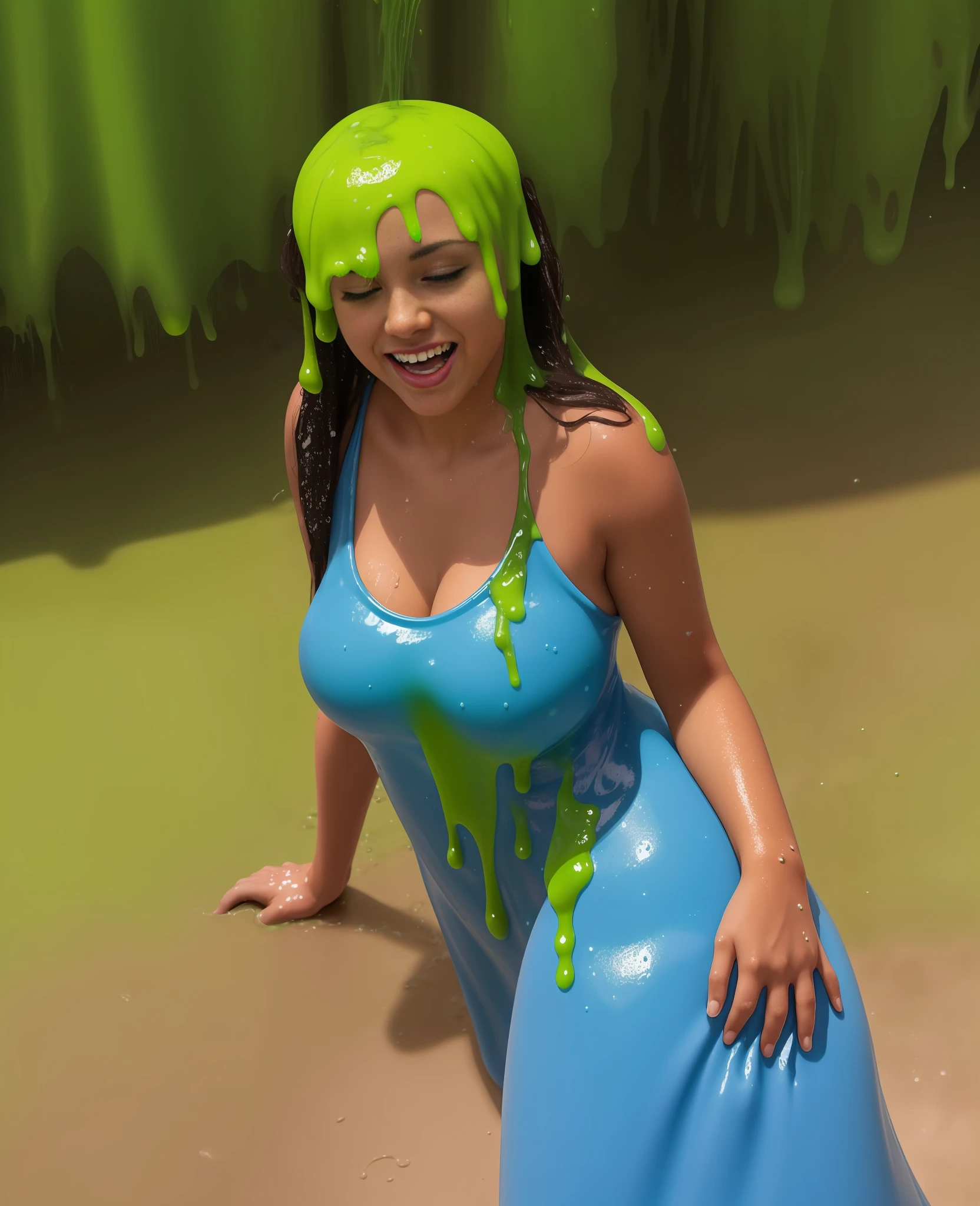 (4k, high level of detail, HDR, DSLR, realistic) woman, Latina, perfect figure, curves, curly hair, tight curls, red lipstick, long eyelashes, eyelashes, covered in green slime, slime dumped on woman, green slimed hair, neon green, neon green goo, gunged, green gunge, green paint, goo, sticky, smile, glee, happy, Nickelodeon slime, splattered, drenched, soaked, slimy, slimy, slimy, slimy, slime in hair, full coverage, slippery, sensual, splat, sloppy, goop, thick, dark green sludge, Nickelodeon slime, deluge, oozing slime, dripping slime, green slime on her hair, slime on her head, plume of slime from above, slime from above, covered in green slime, ooey gooey, goo in hair, goo on hair, goo on head, green snot, snotty, green mucus, green slime, green slime, green slime, green slime, green slime, green, slimed, slimed, slimed, slimed, slime on head, green paint, green paint in hair, thick, slime, creamy, slime on face, green goo on face, dripping