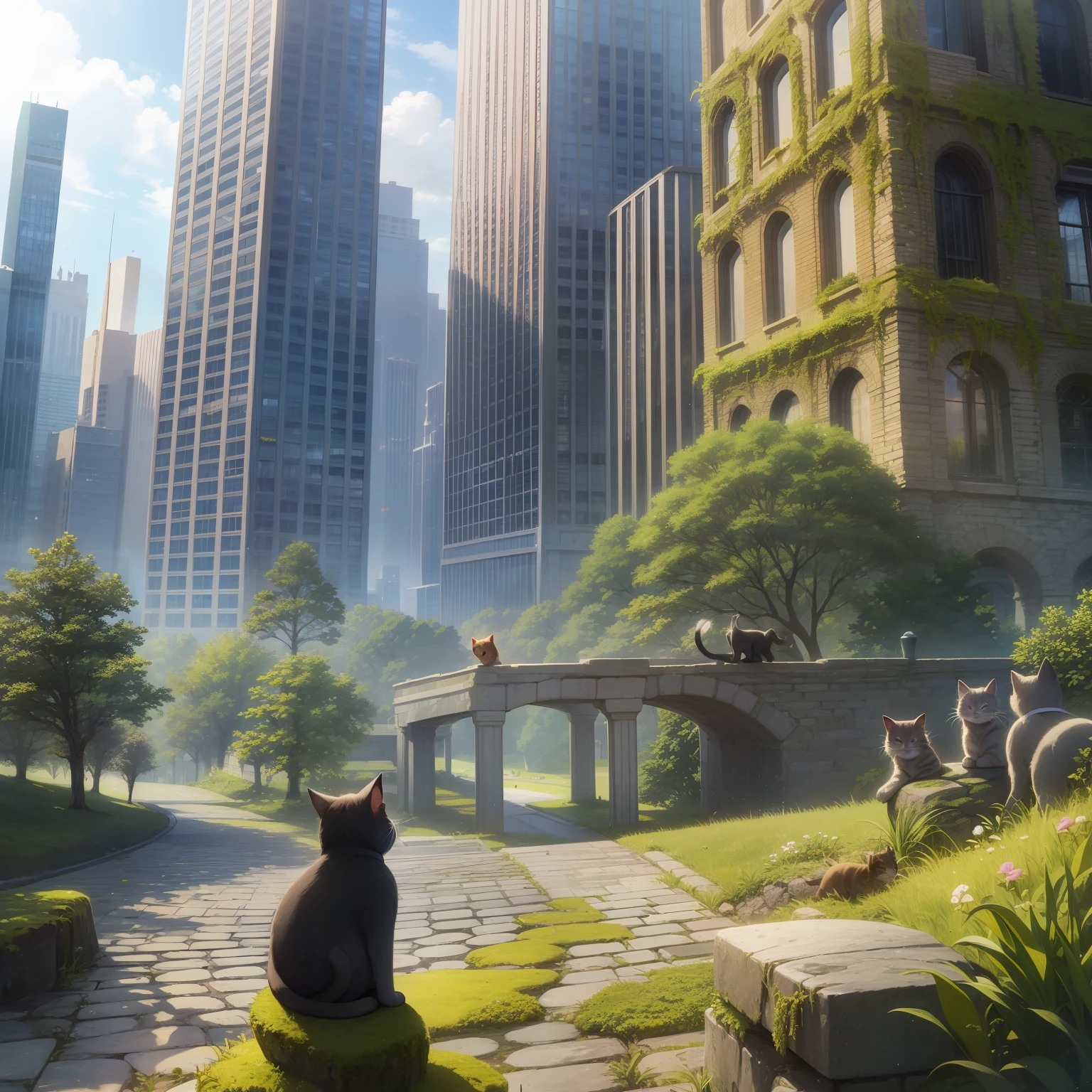 size 300x600, 3 tiers of cobblestones, mossy stone, kitty, Cat on a stone, Fluffy bristles, a backdrop of: highrise buildings