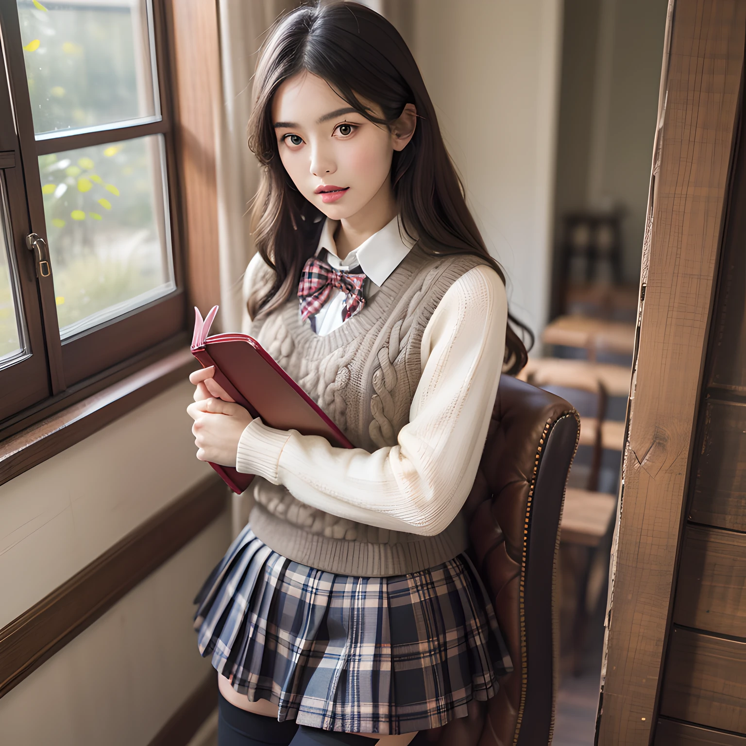 araffe woman in a skirt and sweater holding a book, a portrait inspired by Balthus, trending on cg society, renaissance, inspired in balthus, plaid tights, preppy style, thighhighs and skirt, storybook style, lookbook, dressed as schoolgirl, tweed colour scheme, magazine photo, holding books, holding a book, victorian inspired clothing, cosy