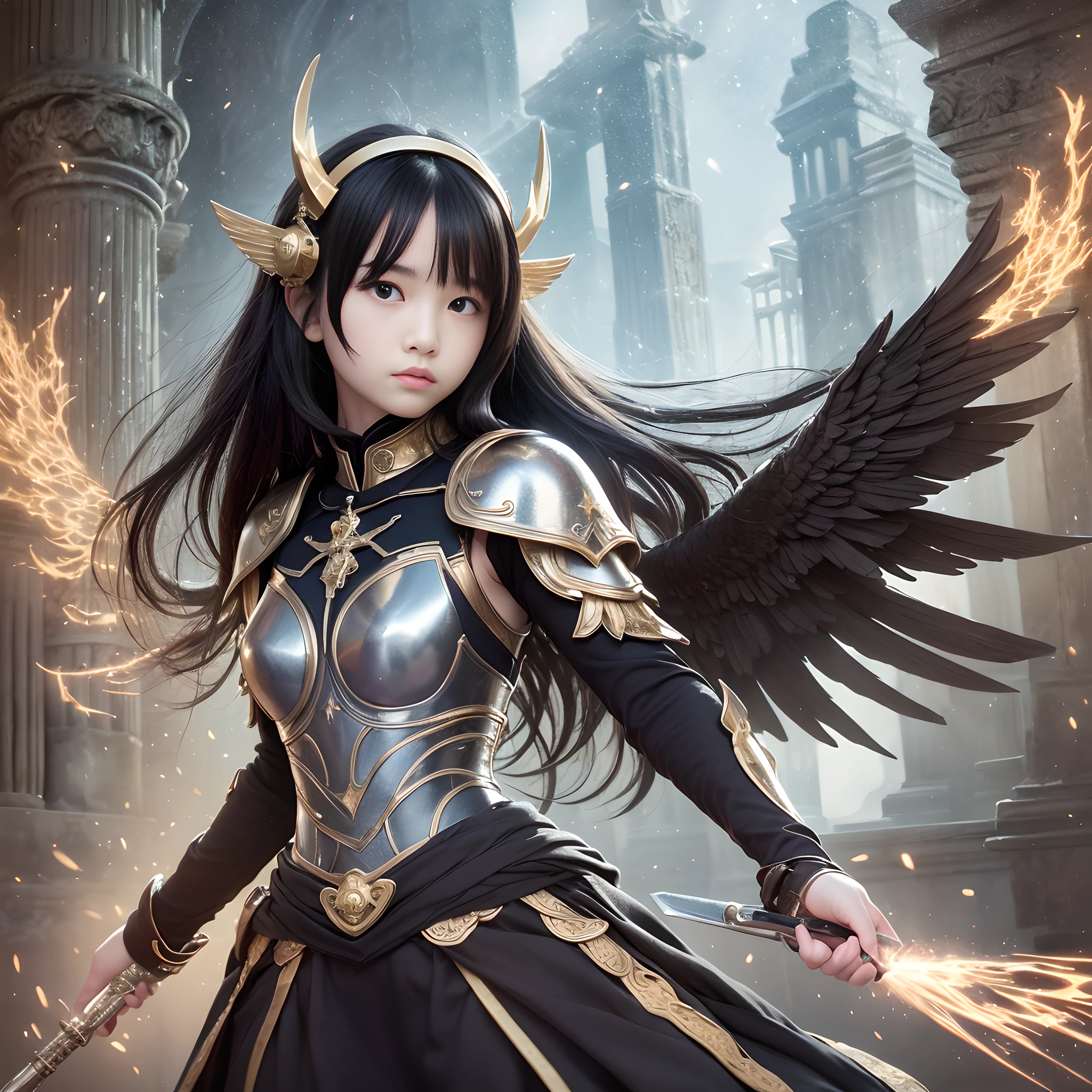 (masute piece,A high resolution,precise drawing,high-detailed rendering), profile, Very cute Japan girl with Zodiac armor、ars old、,Black Long Hair,wings of light,(Sacred Effects:1.5),flat chest, skinny,use magic at ancient ruins、in fighting