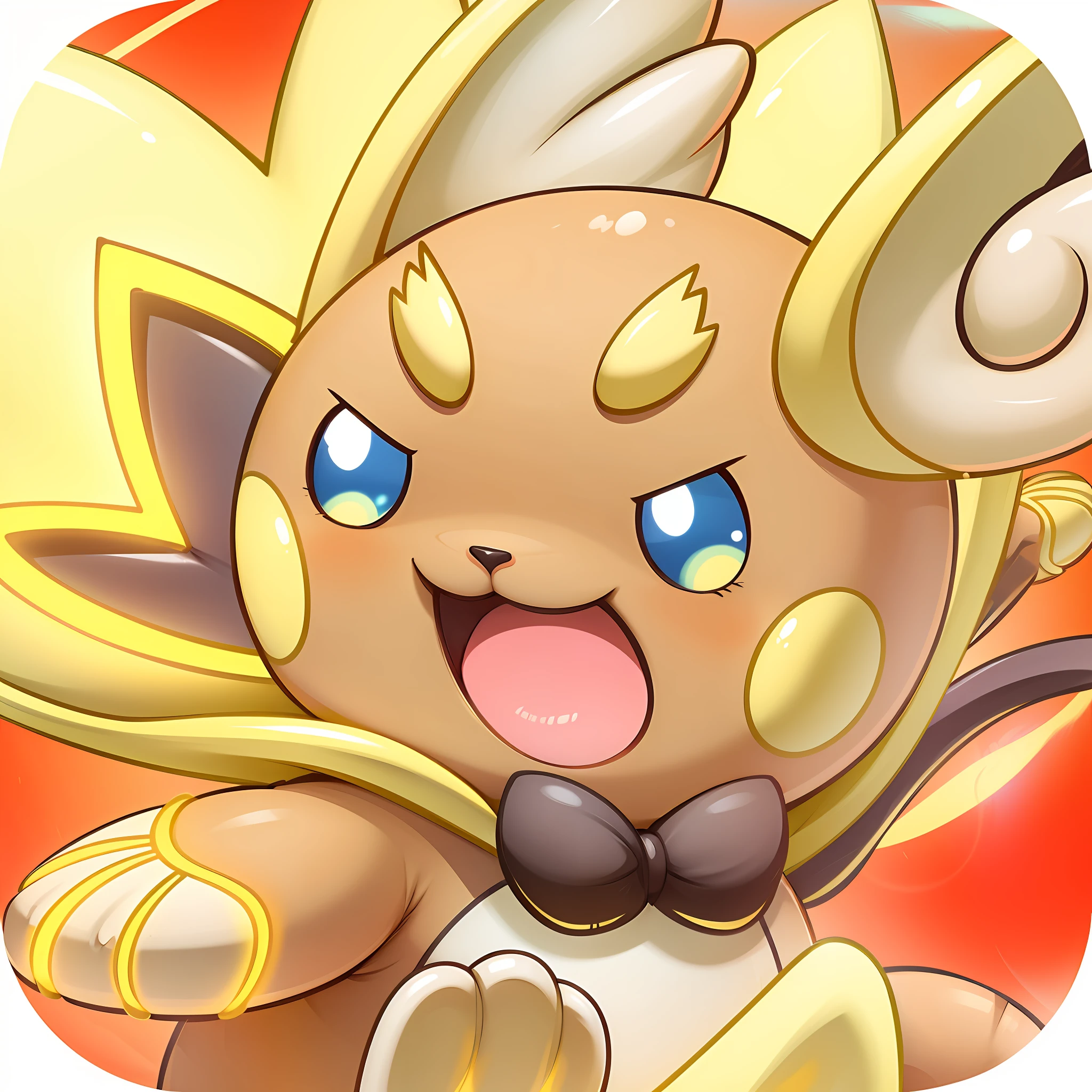 c4tt4stic,a masterpiece of, finest_quality, A genie, Cartoony,Chibi T-Shi,Cartoon pets, pokemonketchum\(the creatures\), amarelo, Blue eyes, Black bow on chest,