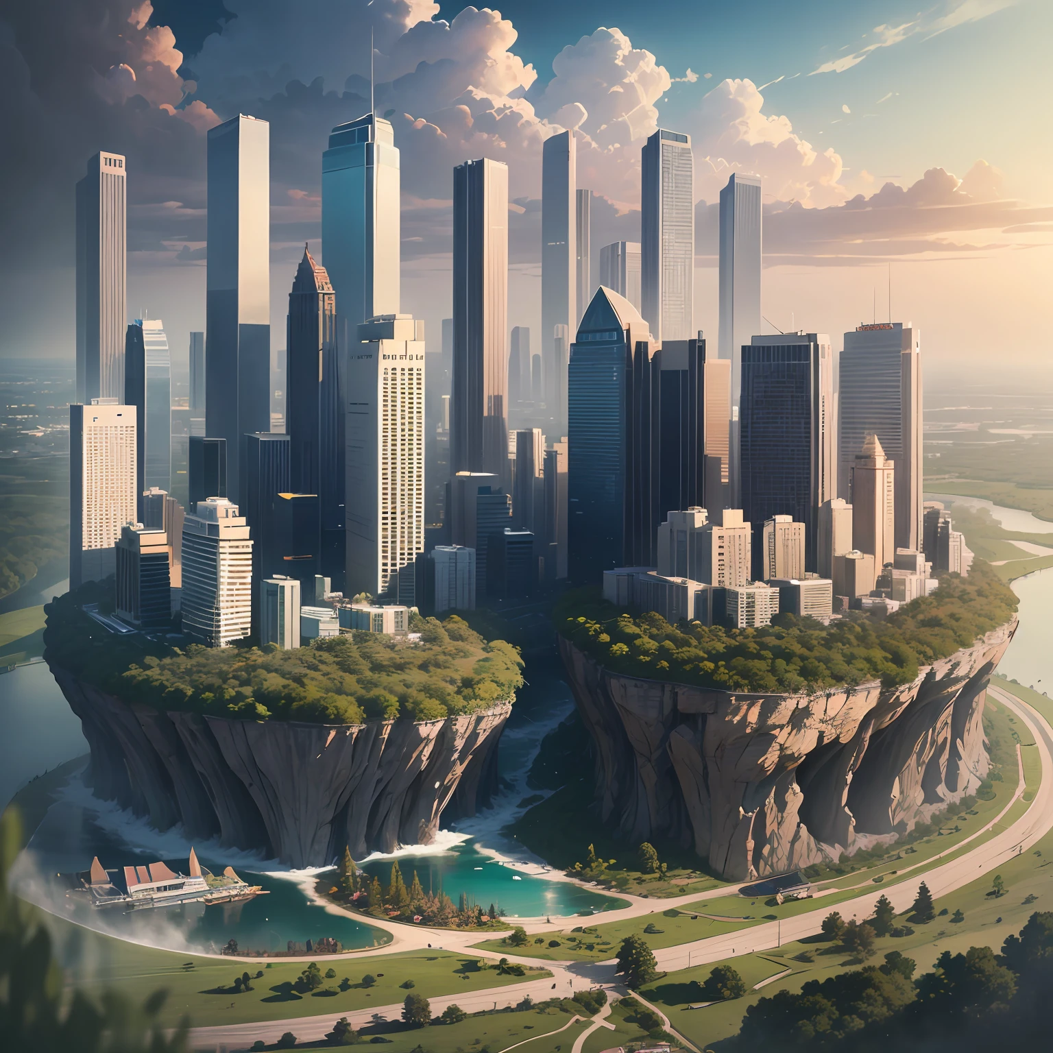 (masute piece) 8K resolution, with the highest quality, skyscrapers amidst prairie, lush nature, many animals,