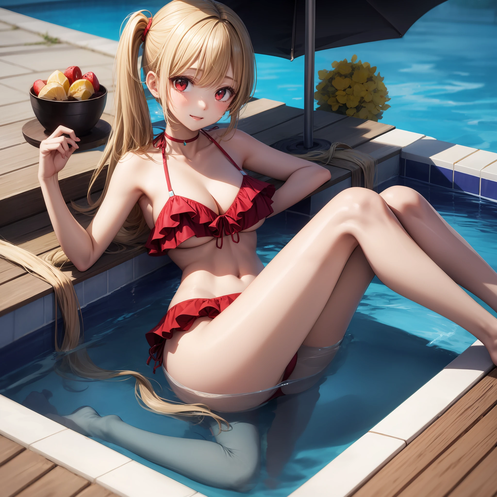 animated cartoon、Blonde girl with red eyes、soio、独奏、Bikini with ruffles、pools