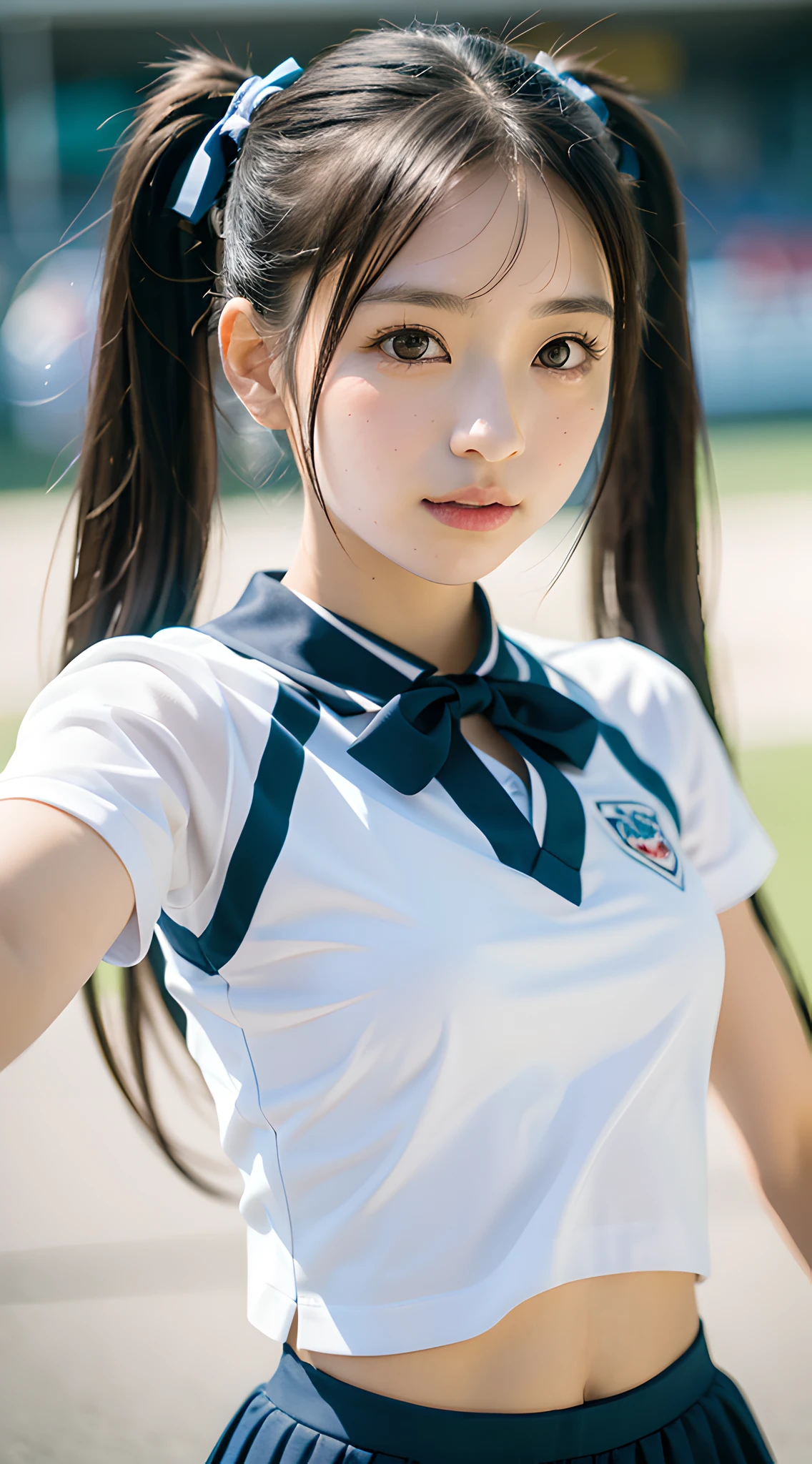 (masterpiece, best quality:1.5), beautiful girl, 8k, 50mm portrait, raw photo, absurdres, delicate girl, (close up face, dancing:1.3), violaceaess, gardeniass, upper body, front shot, twintail hair, pigtail, cheerleader, yellow cheerleader uniform, mini skirt, ribbon hair bow, looking at viewer, (smile:0.6), shiny skin, breasts focus, thin arms, very thin waist, facelight, clear lighting, film grain, chromatic aberration, stadium, (bokeh:1.1), (simple background:1.2)