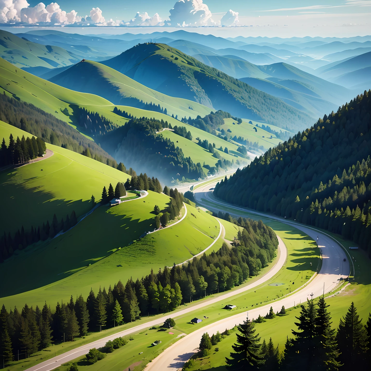 arafed view of a winding road in a green valley, a photo by Aleksander Gierymski, pexels, Renaissance, rolling green hills, “ aerial view of a mountain, meadows on hills, carpathian mountains, green hills, Rolling hills, road between hills, trees in the grassy hills, 4k drone photography, grassy hill --auto