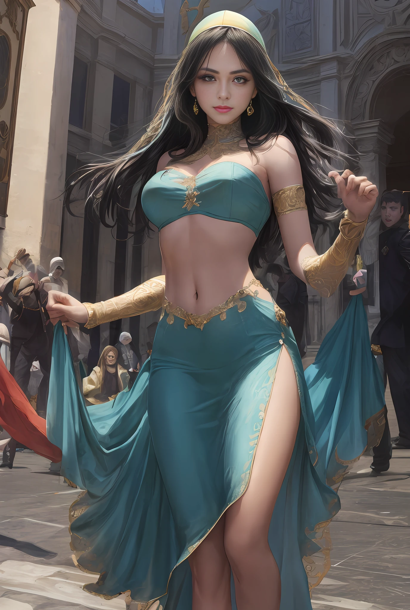 (masterpiece, best quality, realistic),
1girl,(on the St. Peter's Square of Vatican,crowd,navel),gypsy dress,(princess eyes,shiny pupils),dancing, intricate,teal hue dress, gold, banquet, crowd, picking up skirt,pale skin,
[slight smile],