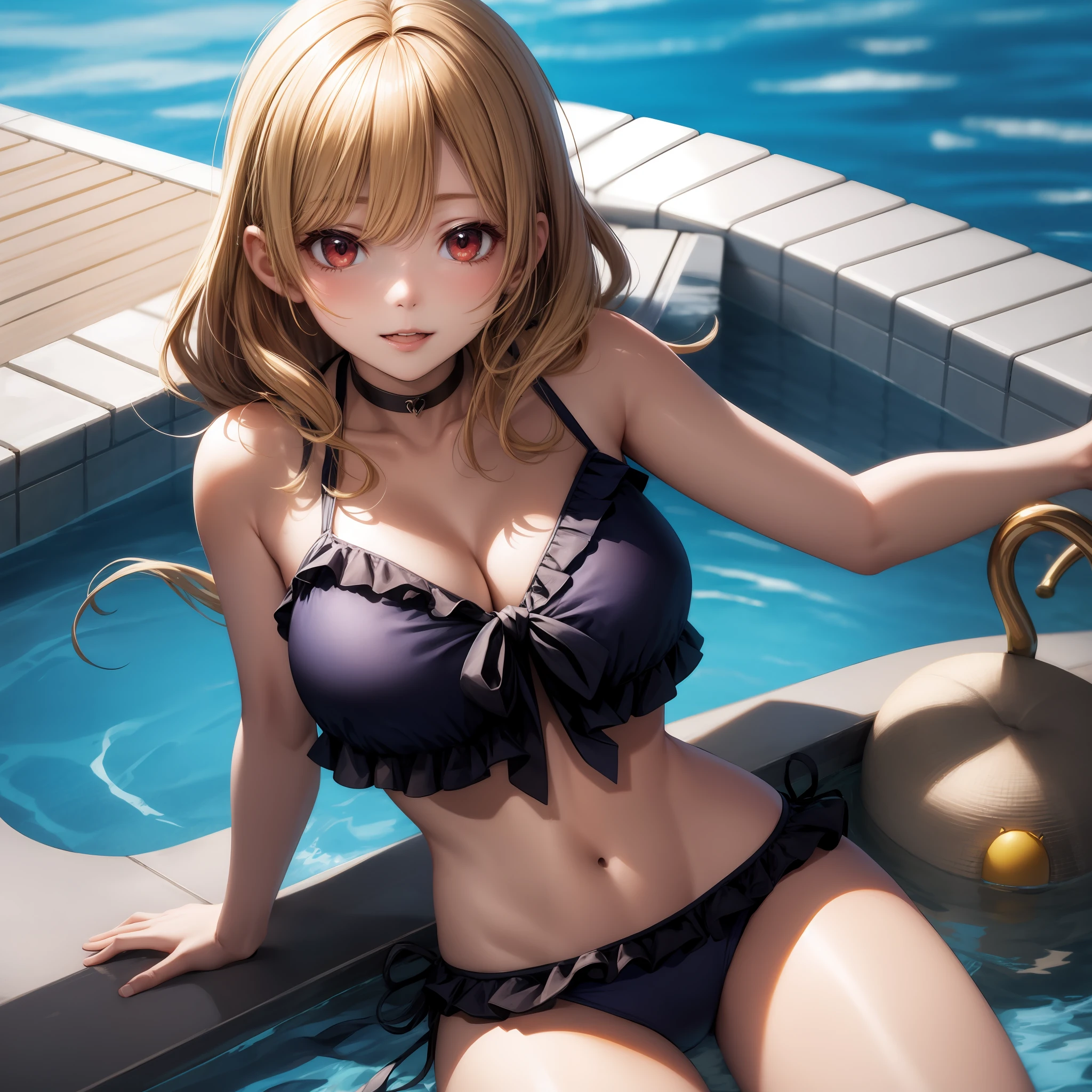 animated cartoon、One blonde girl with red eyes、、独奏、Bikini with ruffles、pools