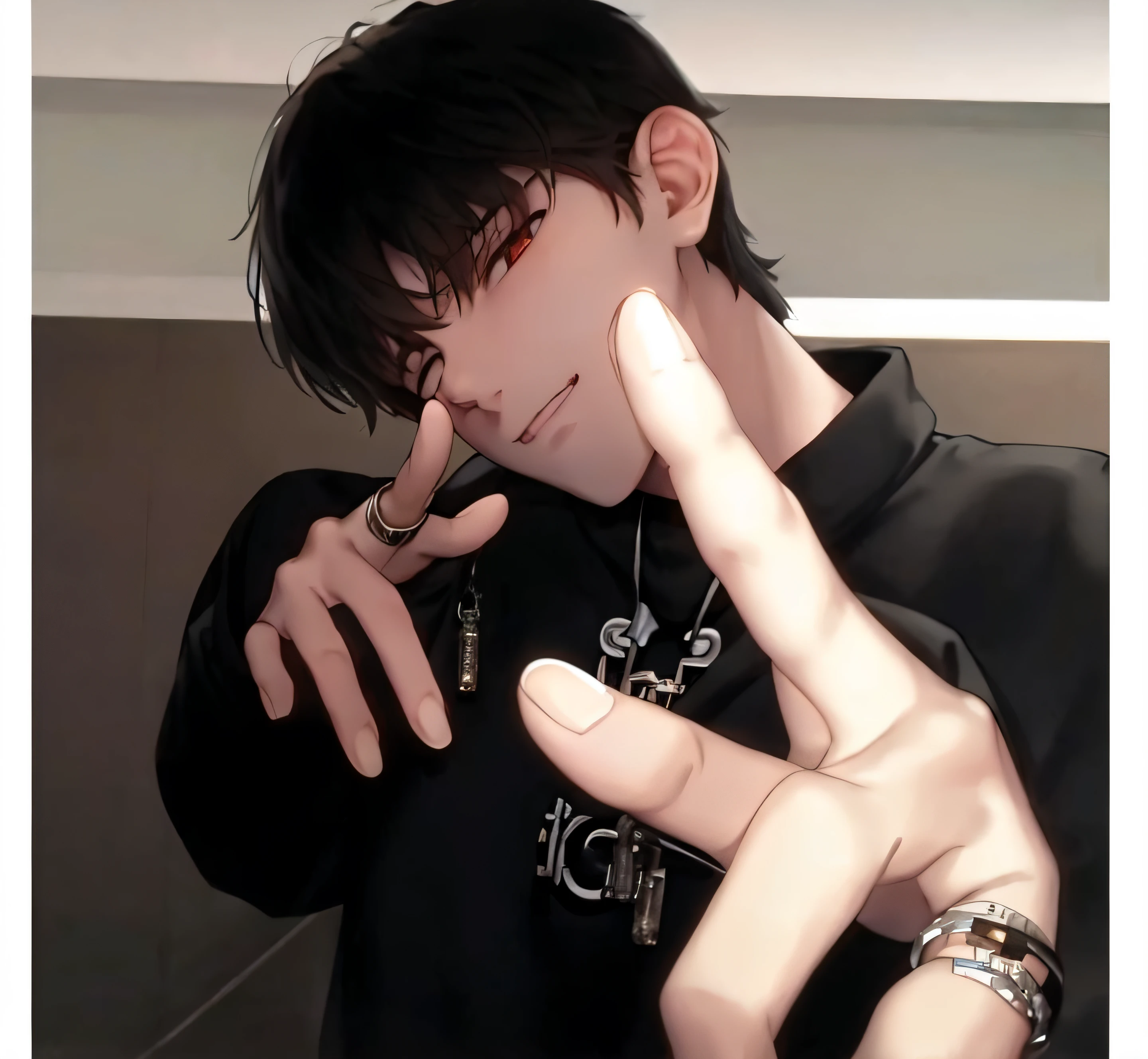 there is a man that is making a gesture with his fingers, with index finger, Cai Xukun's, kanliu666, 1 7 - year - old boy thin face, Handsome anime pose, clasps his bangs in one hand, High quality!!!!!, inspired by Kun Can, jungkook, Araki style, distorted pose, middle finger, handsome japanese demon boy