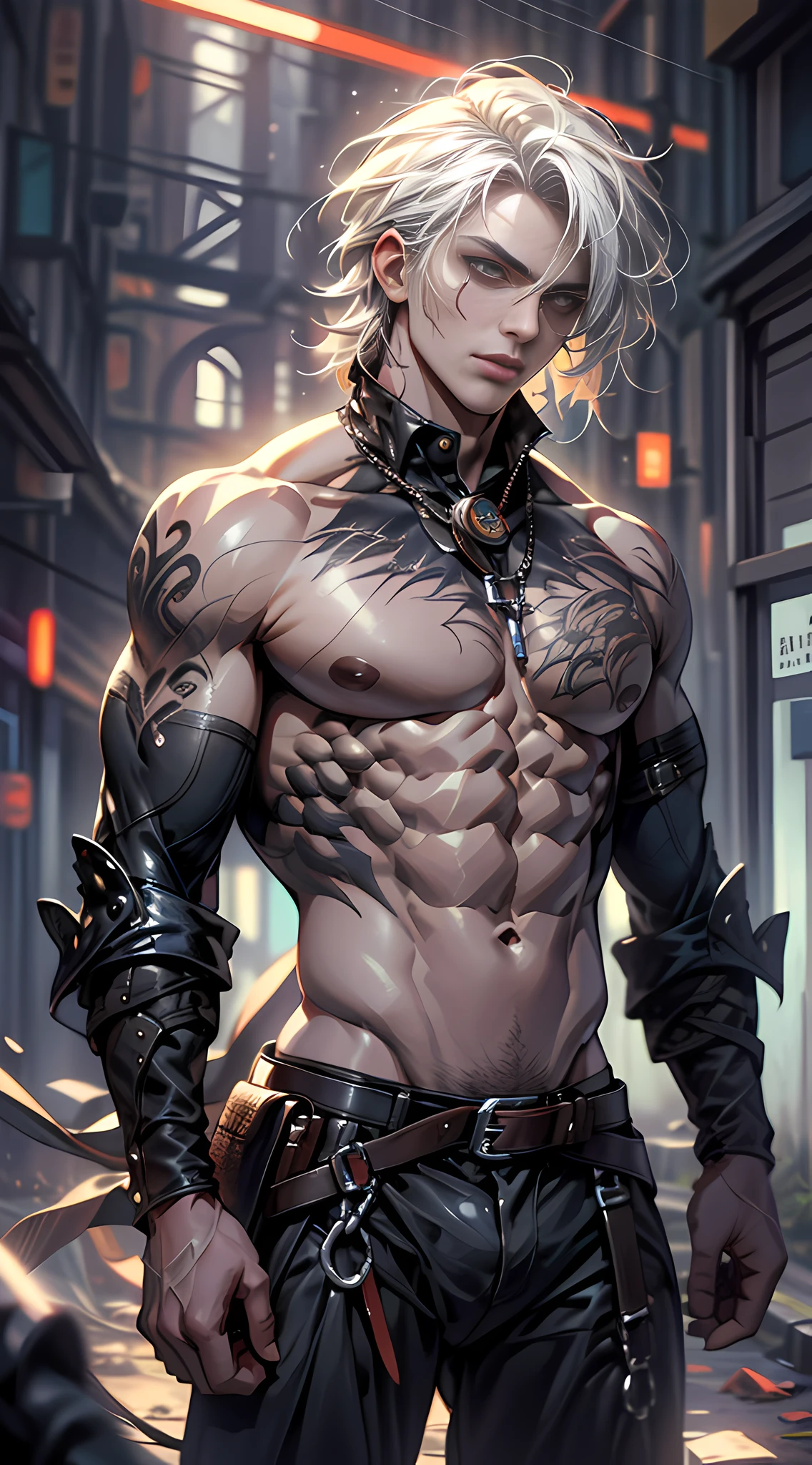 （Libido boy:1.8）Dark boy, Short silver-white hair swaying in the wind, Handsome and handsome clear face, Three-dimensional facial features,  Detailed and delicate red pupils, The body exudes evil black gas, Abs，black tattoos，The gas is constantly rising, Flow effects, a panoramic view, uhdr, 巨作, A high resolution, Gothic art, Ray tracing, cinmatic lighting, Action painting, projected inset, f/16, Cowboy shot, ccurate, Super detail, High details, High quality, 8K