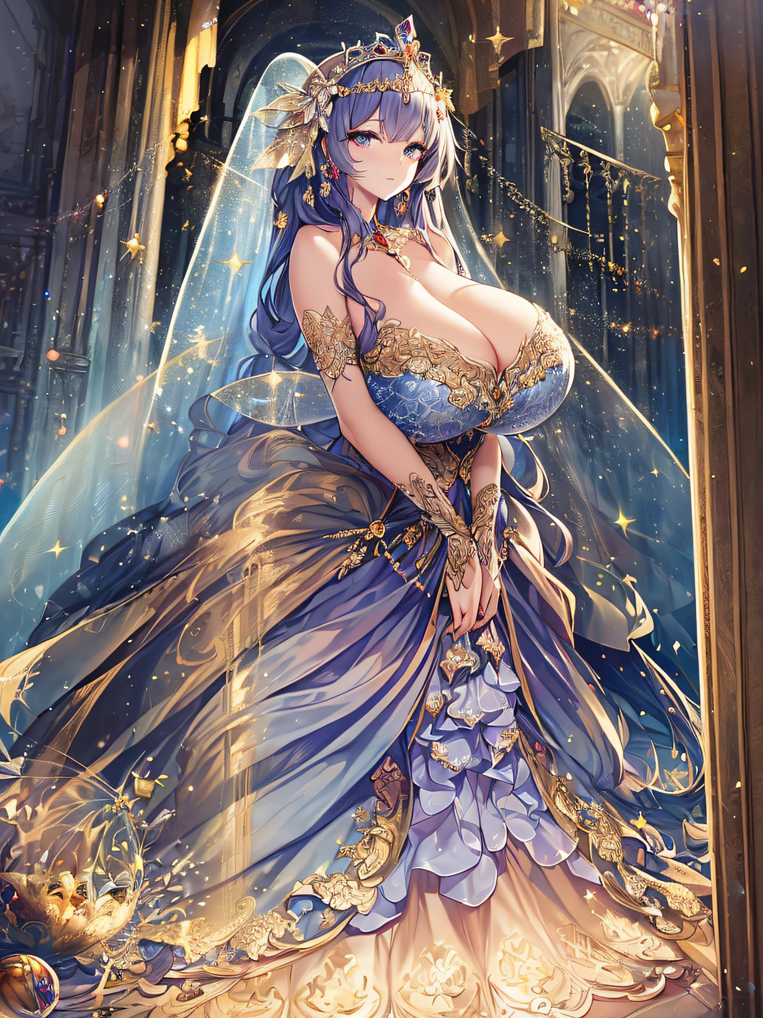 ((anime artstyle)),(Masterpiece),(Best Quality), (Super Detail),((Very Delicate and Beautiful)),Focus on character,Dynamic Angle,Looking at viewer,((Solo)),standing,(((full body))),(((one fairy tale princess in gorgeous ball gown with voluminous skirt))),detailed face and eyes,jewel-like eyes,((Very Long voluminous Hair)),gorgeous embroidery and lace,See-through,ornate ruffles,Gorgeous jewelry ornaments,luxury hair ornament,luxury tiara with jewels,(gigantic breasts,Long breasts),full body,(fairy tale world),fairy tale atmosphere,jeweled ball gown,(((gorgeous ball gown with voluminous skirt)))