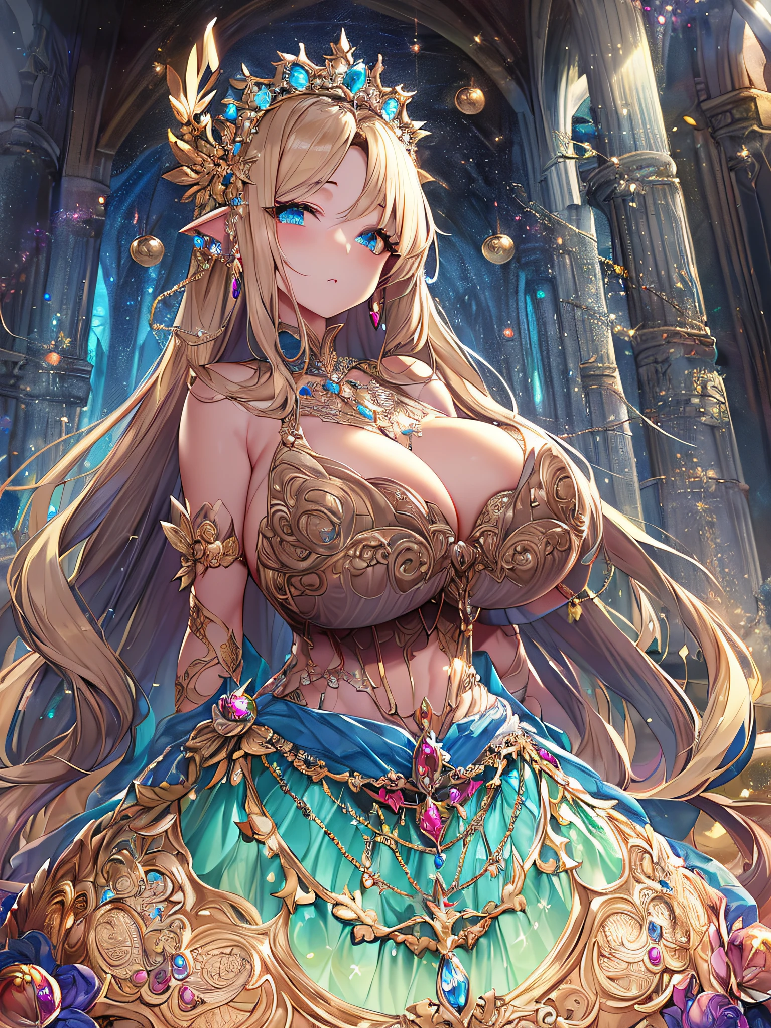 ((anime artstyle)),(Masterpiece),(Best Quality), (Super Detail),((Very Delicate and Beautiful)),Focus on character,Dynamic Angle,Looking at viewer,((Solo)),standing,(((full body))),(((one fairy tale princess in gorgeous ball gown with voluminous skirt))),detailed face and eyes,jewel-like eyes,((Very Long voluminous Hair)),gorgeous embroidery and lace,See-through,ornate ruffles,Gorgeous jewelry ornaments,luxury hair ornament,luxury tiara with jewels,(gigantic breasts,Long breasts),full body,(fairy tale world),fairy tale atmosphere,jeweled ball gown,(((gorgeous ball gown with voluminous skirt)))