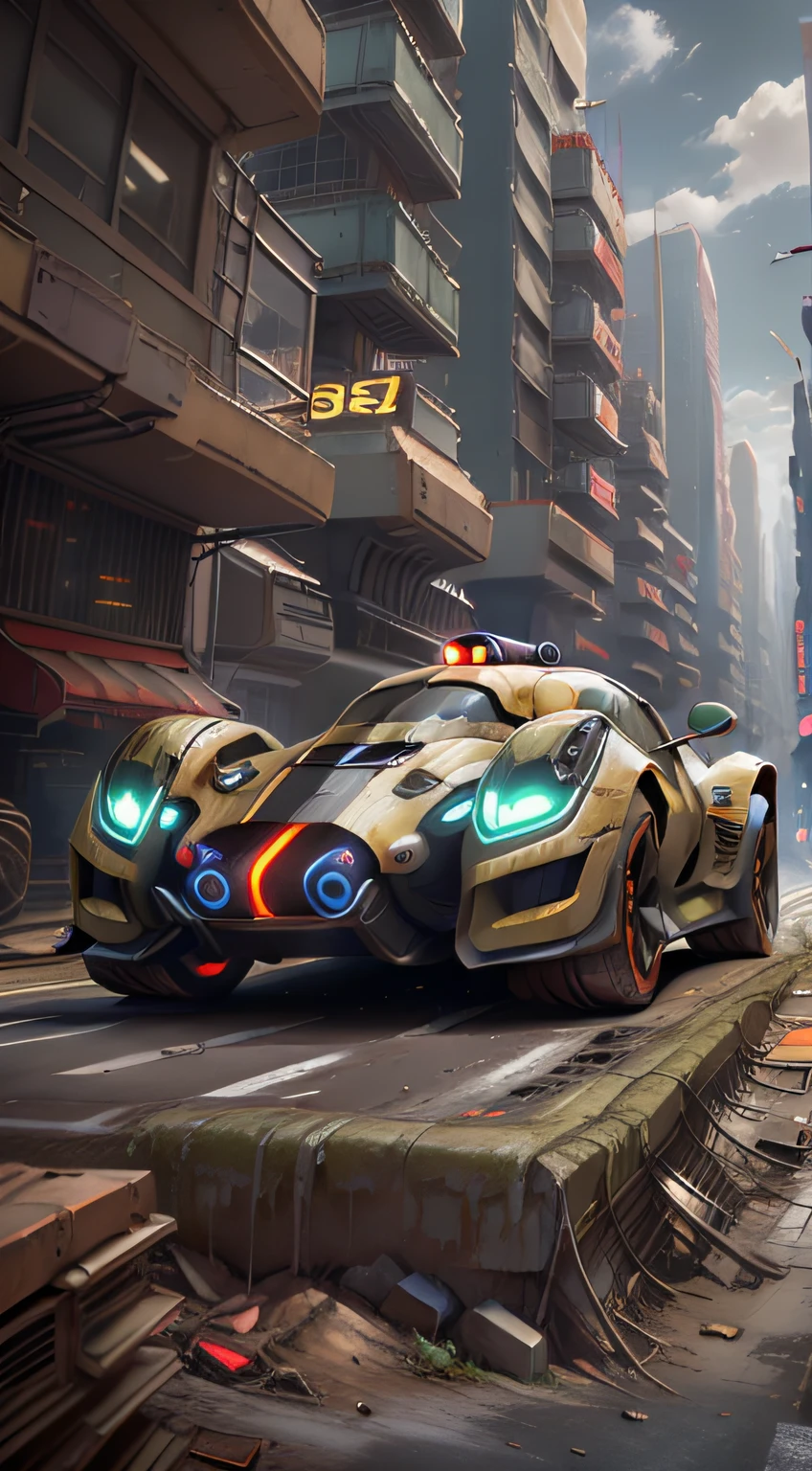 A futuristic sports car on the street of a futuristic city