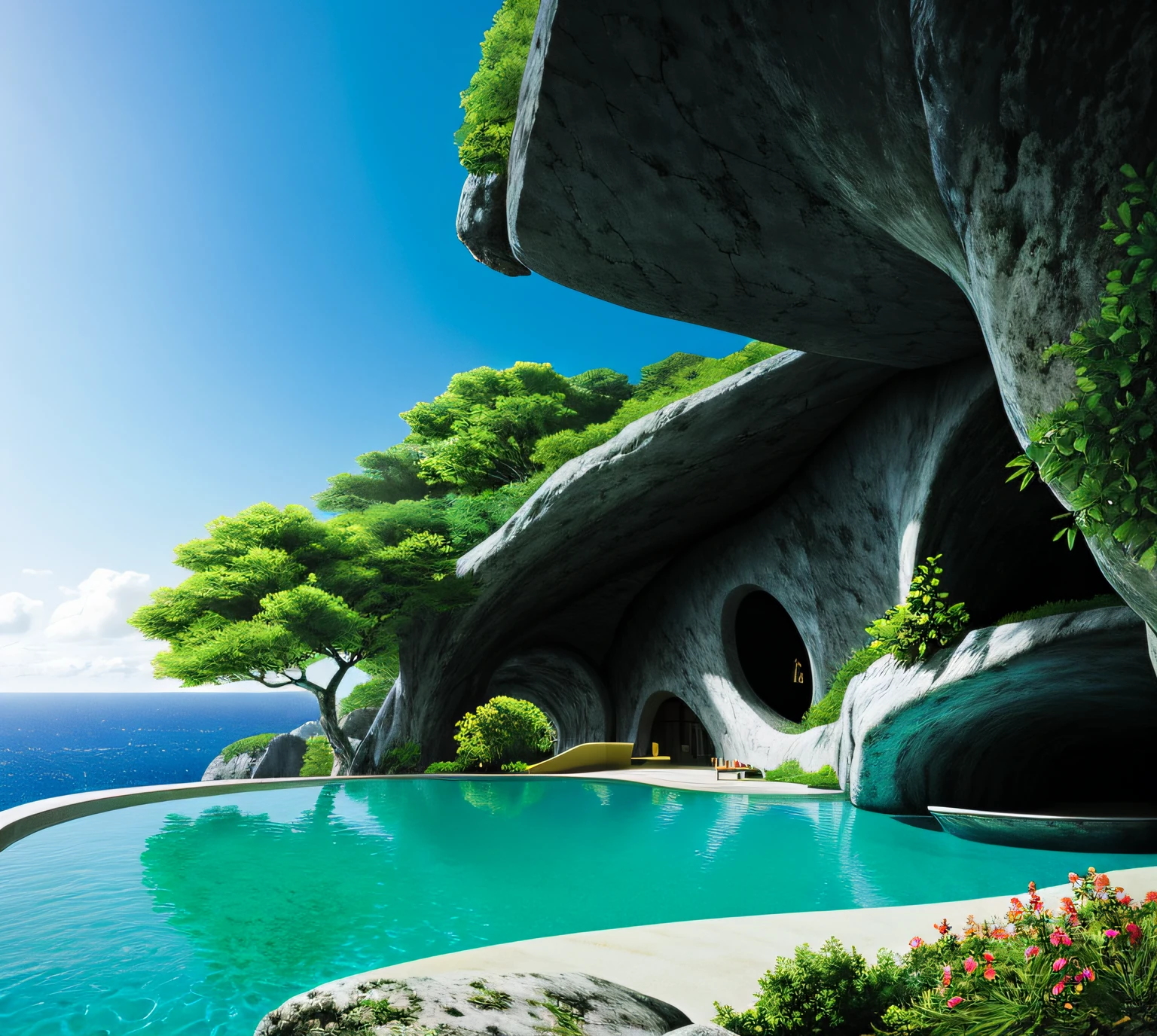 a modern futuristic design large cliff House's with a artificial waterfall and a pool in the middle, nature meets architecture, built around blue ocean, realistic beehive architecture, organic architecture, very close to real nature, breathtaking render, island with cave, stunning architecture, luxury architecture, realistic fantasy render, by Zha Shibiao, epic and stunning, architectural visualization, epic architecture, concept art. 8 k