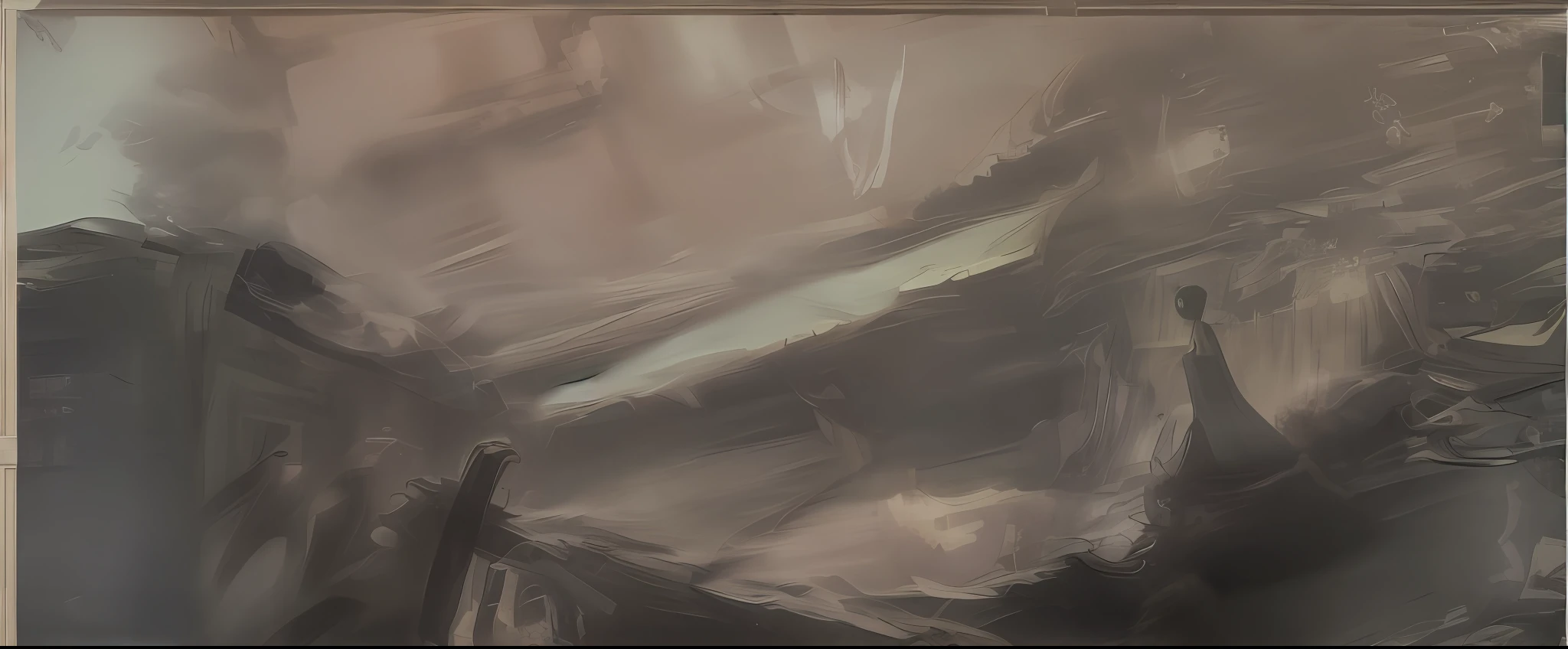 Paint a picture of dark clouds，Strong sense of space，The middle river flows from top to bottom，There is a spectacular waterfall in the middle，Small pavilions are scattered，Nearby,Woman in Hanfu standing on stone, light greyscale， Atmospheric. Digital painting, (photorealestic), brush texture, expressive digital painting, , beautiful brush stroke rendering, Realistic environment