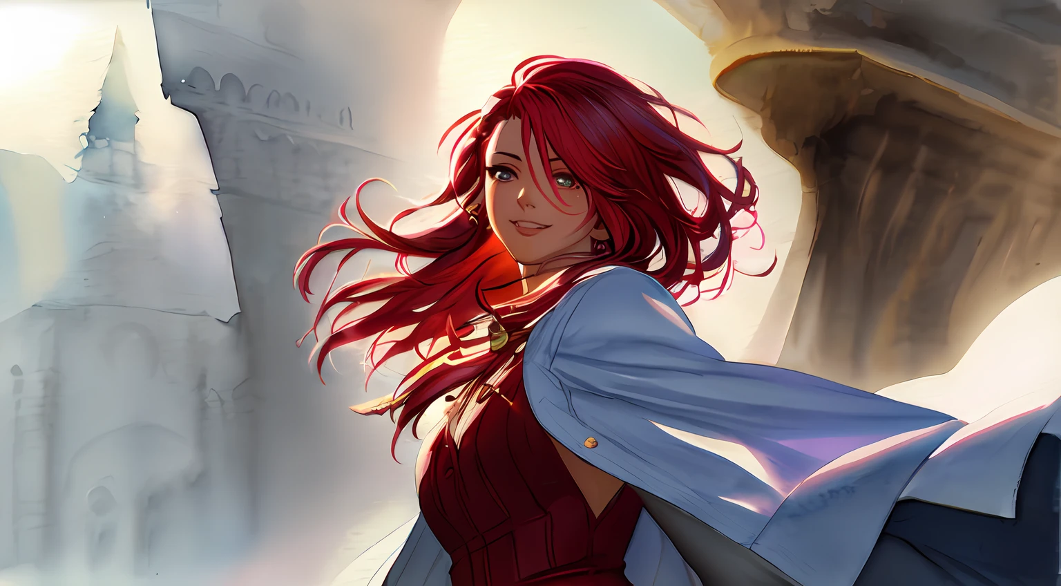 (((Akihiko Yoshida))), freedom, soul, strong, smiling, charismatic, confident, pony tail style red hair, masterpiece, beautiful, pretty, smiling, confident, strong, mature, kawaii anime girl, hyperrealistic watercolor, red hair, brown skin, masterpiece, smooth soft skin, big dreamy eyes, beautiful fluffy volume hair, symmetrical, anime wide eyes, soft lighting, ((detailed face)),  Akihiko Yoshida, concept art, digital painting, looking into camera, hyper realistic masterpiece, highly contrast water color pastel mix, sharp focus, digital painting, pastel mix art, digital art, clean art, professional, contrast color, contrast, colorful, rich deep color, confident, strong, mature, studio lighting, dynamic light, deliberate, concept art, highly contrast light, super detailed, render, render, HDR render, big watery eyes, digital art