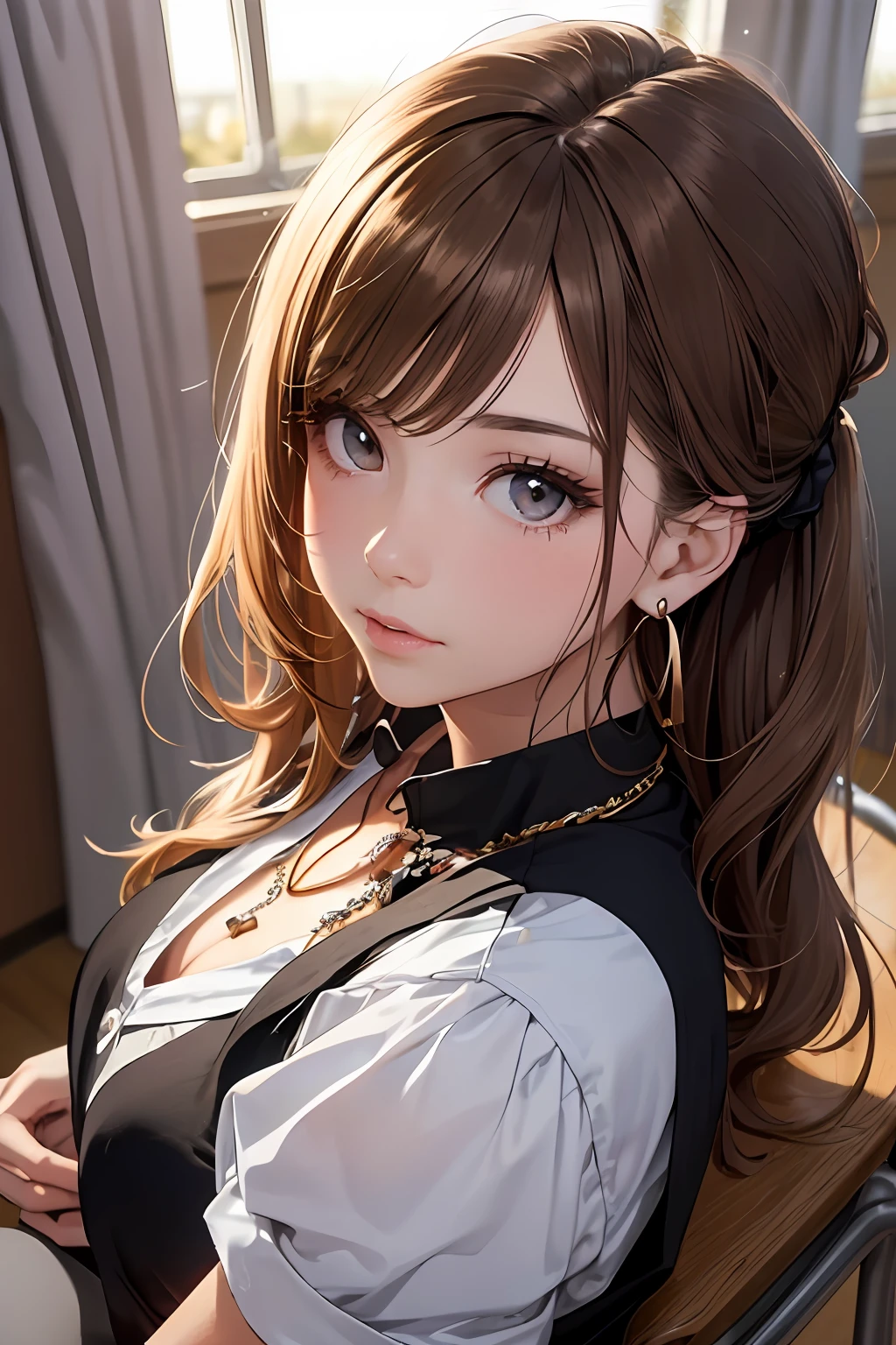 (Masterpiece: 1.3), (Maximum resolution: 1.2), (Ultra HDTV: 1.2), Cinema light, Ultra HDTV, (Detailed eyes and skin), (Detailed facial features), HDR, 8k resolution, Sharp Focus: 1.2, Perfect style, beautiful face, accurate, anatomically correct, highly detailed face and skin texture, detailed eyes, brown eyes, double eyelids, thin eyebrows, glitter eyeliner: 1.2, natural cheeks, glossy skin, fair skin: 1.2, shiny little necklace and earrings, (glossy lips: 1.4), BREAK, (first-person-view), (classy High school uniform: 1.2), ((Look up at me)), (Shy look: 1.2), (18 years old, neat girl), (ponytail in high position, wavy hair, brown hair, bangs flowing diagonally), medium long hair, scene seen from above, ((Cowboy shot: 1.2)), (focus on face:1.2), ((Very intimate relationships: 1.2)), (medium large breasts), (Upturned breasts), (((In the classroom where the setting sun shines: 1.2)), ((Sitting opposite her on the school chair the curtains fluttering in the wind)), ((She lifted her chin:1.2)), (Staring at me)),