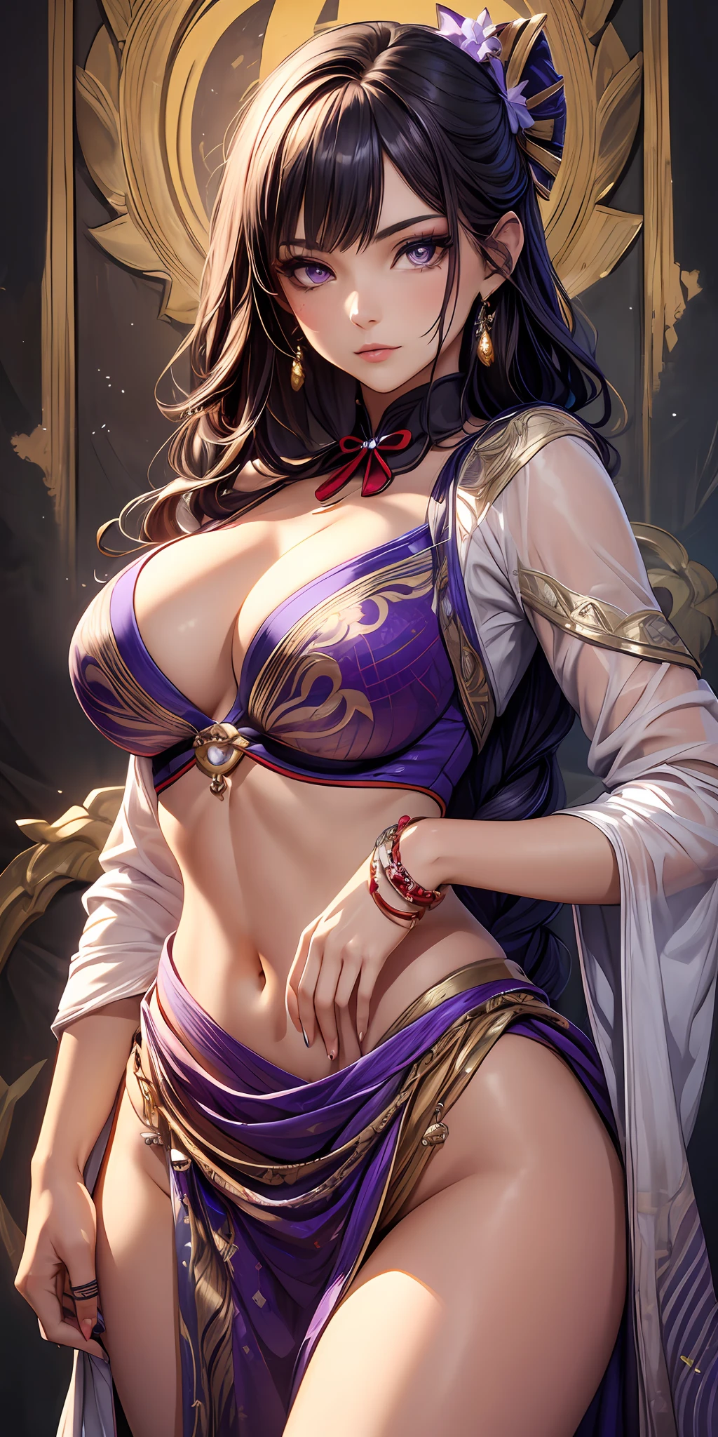 ((Best quality)), ((masterpiece)), (ultimate resolution), raidenshogundef, 1woman, sexy, cleavage, wearing a saree and blouse, designer, realistic, vivid colors, professional makeup, expensive jewelry, ((highly detailed)), (intricate), stylish, (traditional indian fashion), indian fantasy.