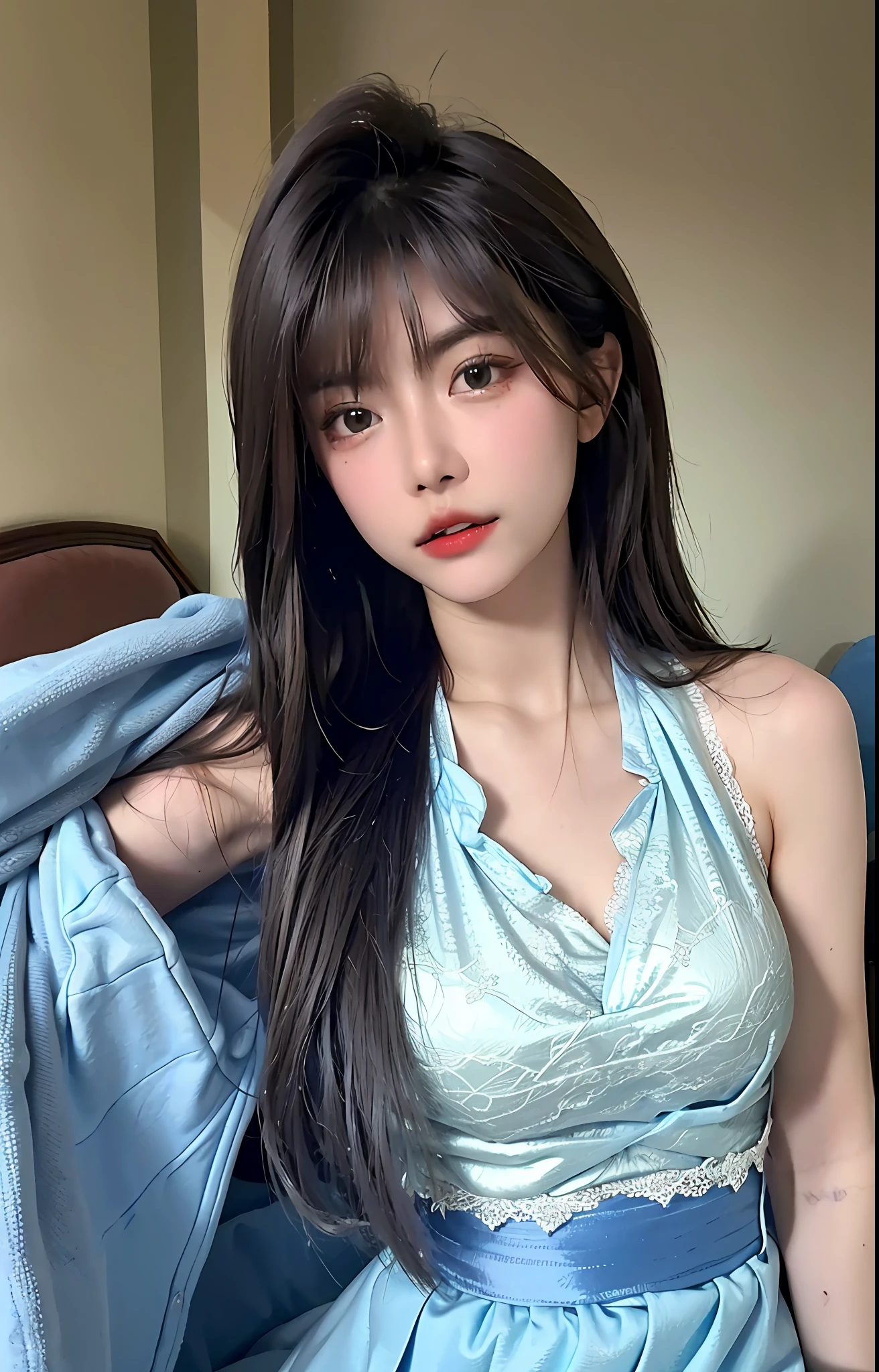 beste-Qualit、шедевр、Super-High Resolution、(photo- realistic:1.4)、Raw photo、1girl in、((Blue Lace China Clothing))、((tiny chest))、Cold light