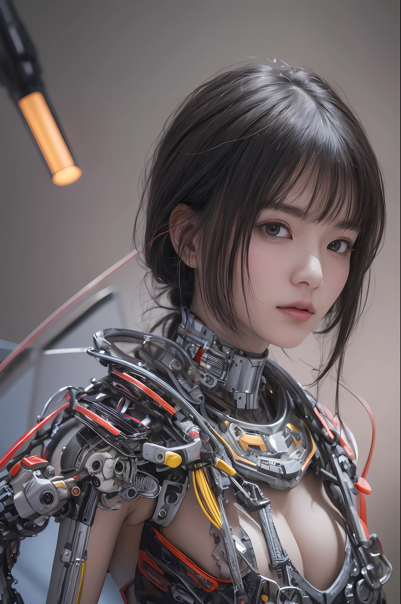 Top Quality, Masterpiece, Ultra High Resolution, (Photorealistic: 1.4), Raw Photo, 1 Asian Girl, Black Hair, Glossy Skin, 1 Mechanical Girl, (Ultra Realistic Detail)), Portrait, Global Illumination, Shadows, Contrast, Octane Rendering, 8K, Ultra Sharp, Big, Cleavage Exposed Raw Skin, Metal, Intricate Ornament Details, Very intricate details, realistic light, CGSoation trend, facing the camera, neon details, mechanical limbs, blood vessels connected to the tube, mechanical vertebrae attached to the back, mechanical cervical attachment to the neck, sitting, wires and cables connecting to the head, gundam, small LED lamps.