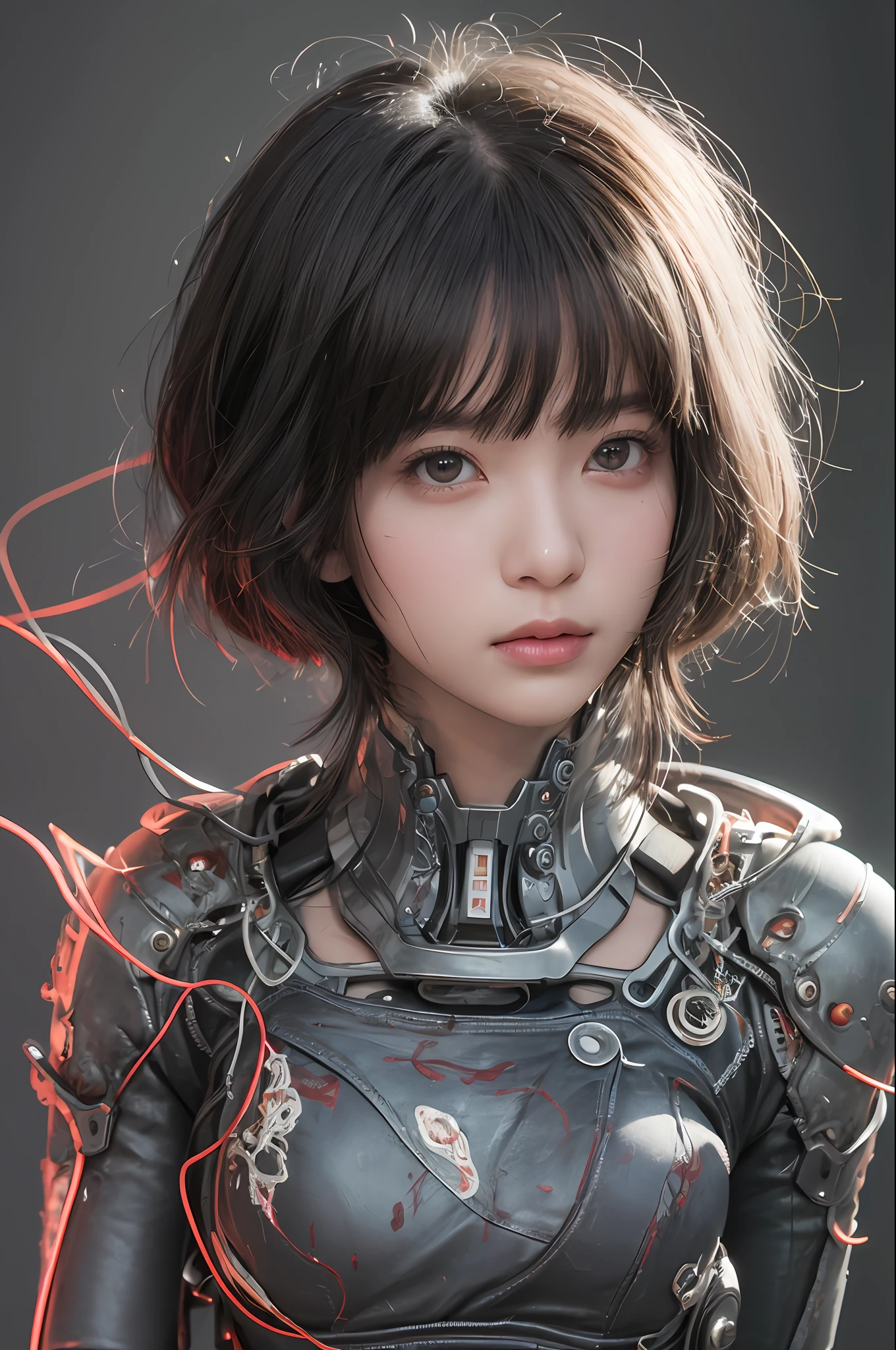 Top Quality, Masterpiece, Ultra High Resolution, (Photorealistic: 1.4), Raw Photo, 1 Asian Girl, Black Hair, Glossy Skin, 1 Mechanical Girl, (Ultra Realistic Detail)), Portrait, Global Illumination, Shadows, Contrast, Octane Rendering, 8K, Ultra Sharp, Big, Cleavage Exposed Raw Skin, Metal, Intricate Ornament Details, Very intricate details, realistic light, CGSoation trend, facing the camera, neon details, mechanical limbs, blood vessels connected to the tube, mechanical vertebrae attached to the back, mechanical cervical attachment to the neck, sitting, wires and cables connecting to the head, gundam, small LED lamps.