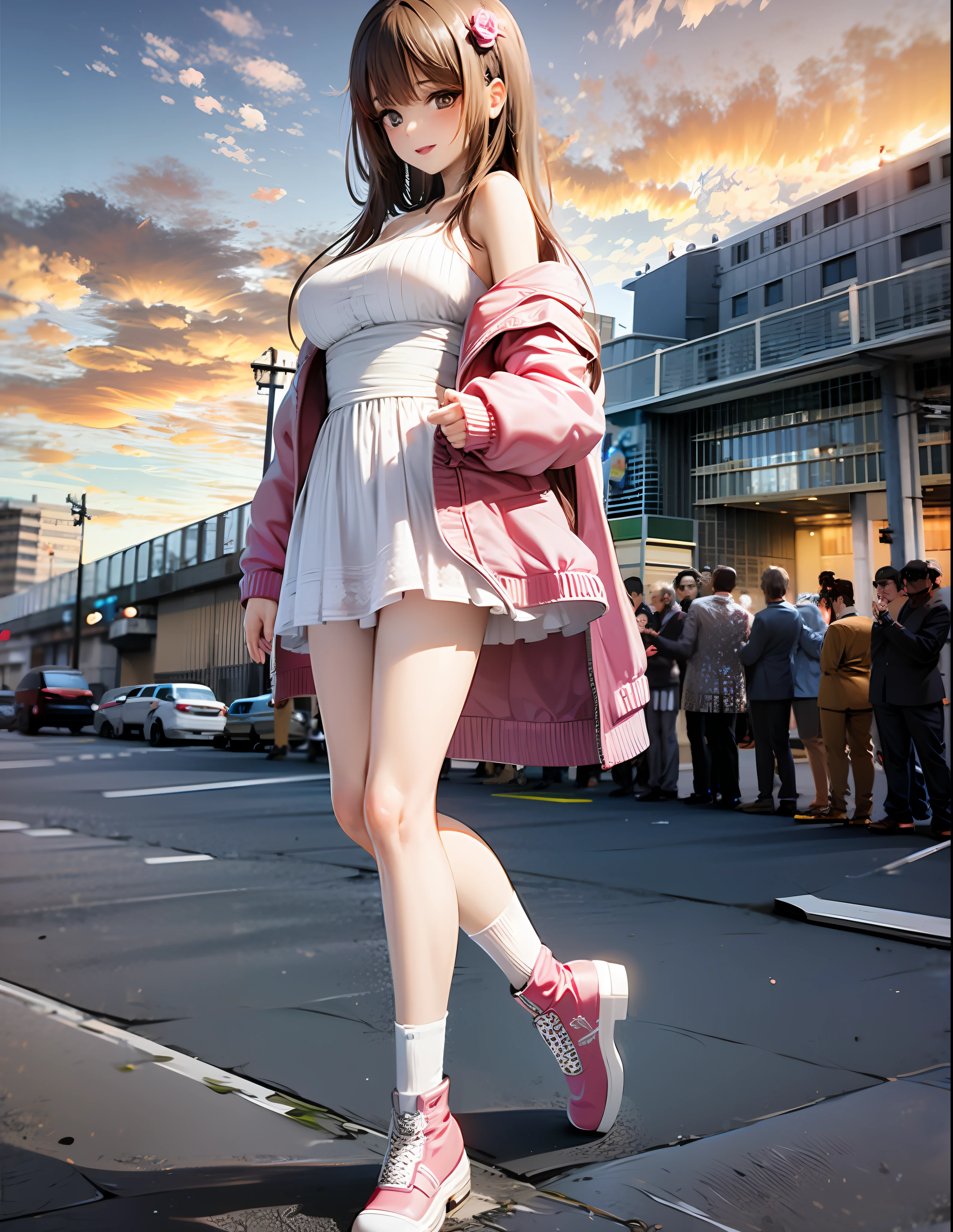 there is a woman in a pink jacket and white dress walking down the street, realistic anime 3 d style, hyperrealistic full figure, highly detailed giantess shot, trending on cgstation, 3 d anime realistic, photorealistic anime girl render, anime style. 8k, photorealistic anime, hyper realistic anime, anime styled 3d, [ 4 k photorealism ]!!