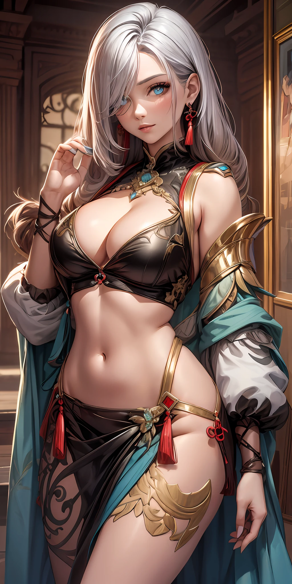 ((Best quality)), ((masterpiece)), (ultimate resolution), shenhedef, 1woman, sexy, cleavage, wearing a saree and blouse, designer, realistic, vivid colors, prpfessional maleup, jewelry, ((highly detailed)), (intricate), stylish, traditional indian fashion, indian fantasy.