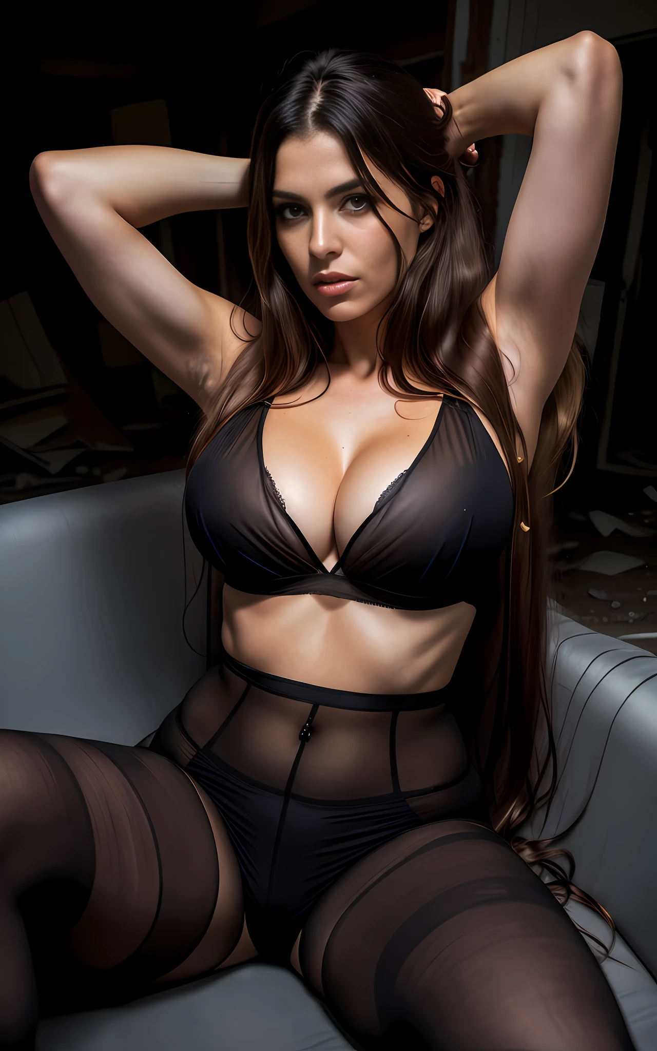 Best quality, high res, super photorealistic, Photorealism, 32K, photograph, Cinematic dark photo portrait of sexy woman, full body shot, picture of entire room, showing realistic shaved armpits, sitting sofa seat with open legs widely, (sheer shirt, exposed ultra huge cleavage), transparent nipple from shirt, (Long messy hair:1.3), perfect body type, highly detailed hard surface modeling texture, (a dark night, Apocalypse, in the shabby and messy abandoned house, low key, Sharp Focus, heroic pose, detailed Face, (dark hue:1.4),