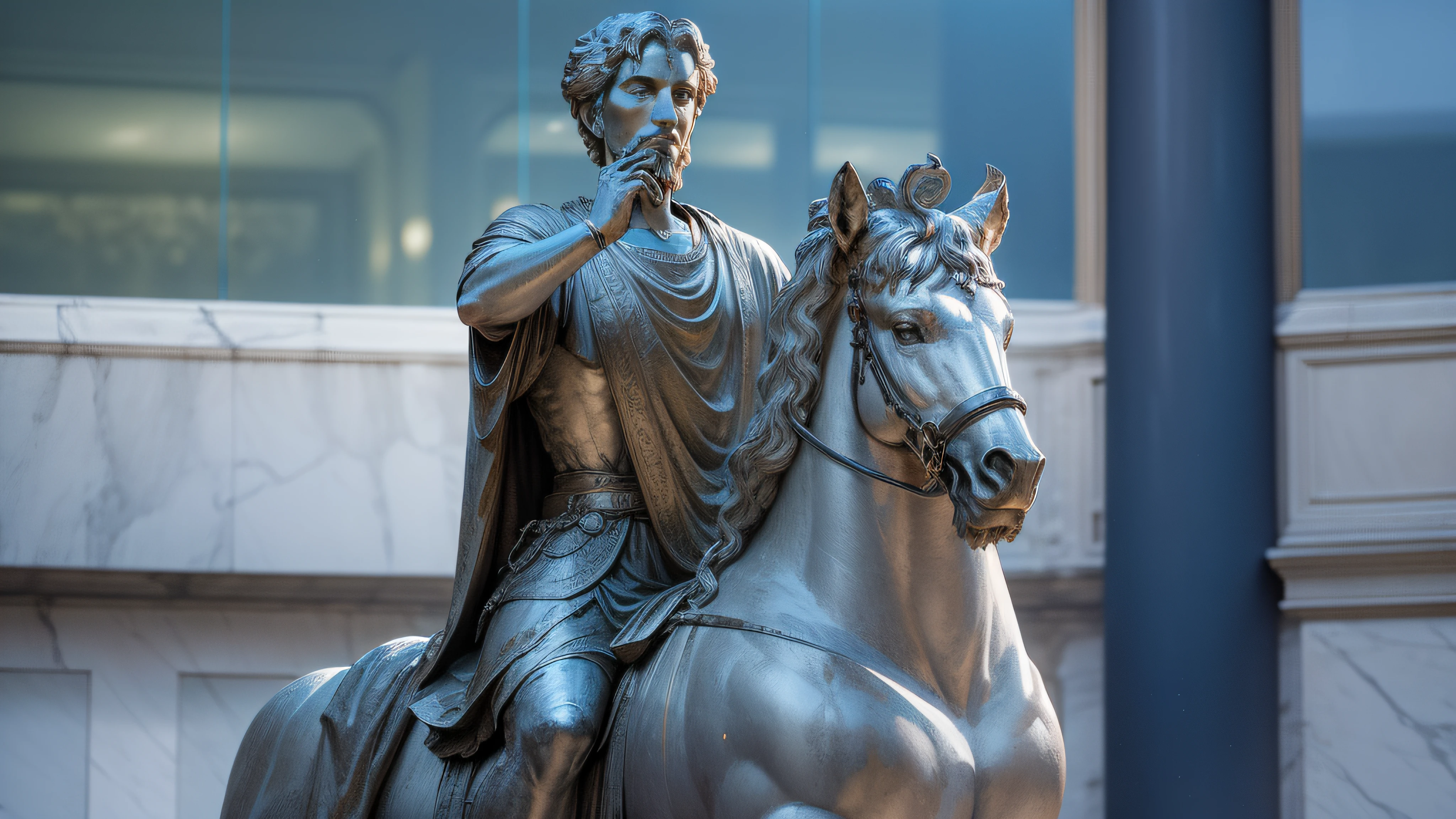statue of a Marcus Aurelius with his emperor outfit, godlike and stoic, white statue and silver, rome