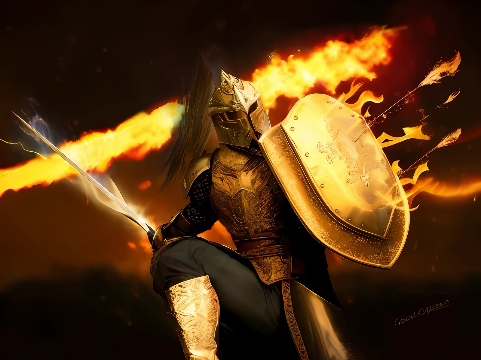 mulher arafed em armadura com uma espada e escudo em um fundo escuro, flame conjuring armored, cavaleiro das almas das trevas, O Cavaleiro das Almas Negras, guerreiro blindado, cavaleiro da fantasia, paladino fantasia, Armadura dourada de Paladin, guerreiro da fantasia, guerreiro blindado, Um guerreiro da fantasia, DrakenGuard inspirado, ares com armadura pesada e espada, cavaleiro da fantasia forte, Senhor de Cinder, guerreira com armadura dourada brilhante, Escudo defendendo flechas, guerreiro defendendo de chuva de flechas.